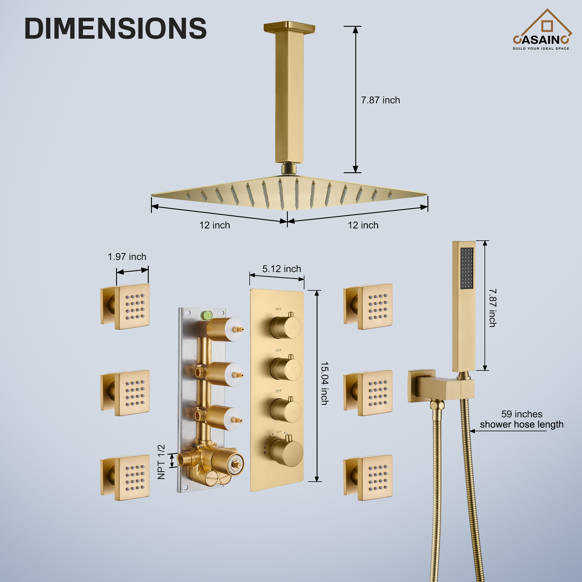 12" Ceiling Mount Rain Shower System with Handheld and Body Jets