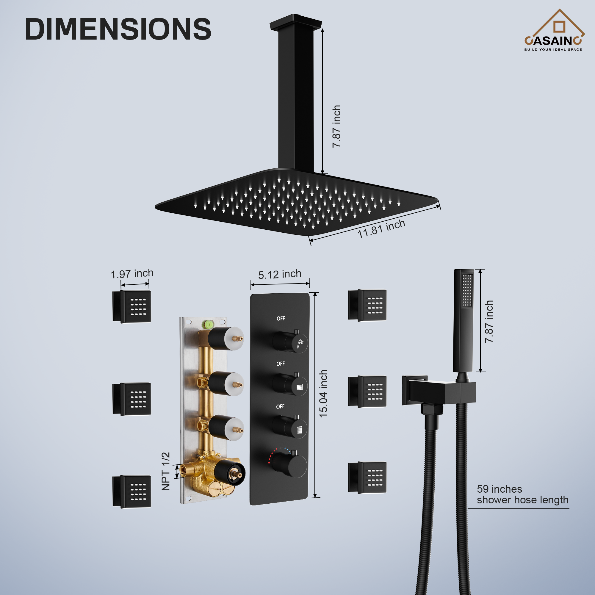 12" Ceiling Mount Rain Shower System with Handheld and Body Jets