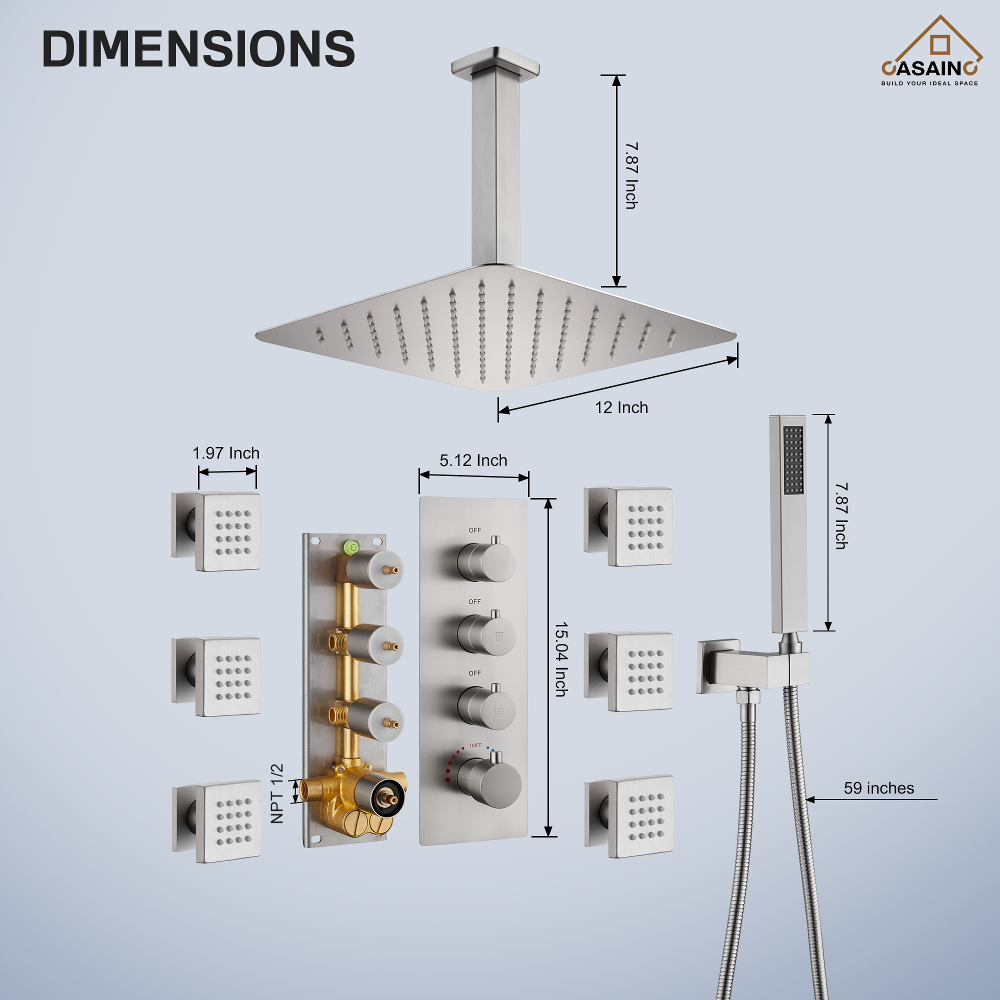 12" Ceiling Mount Rain Shower System with Handheld and Body Jets