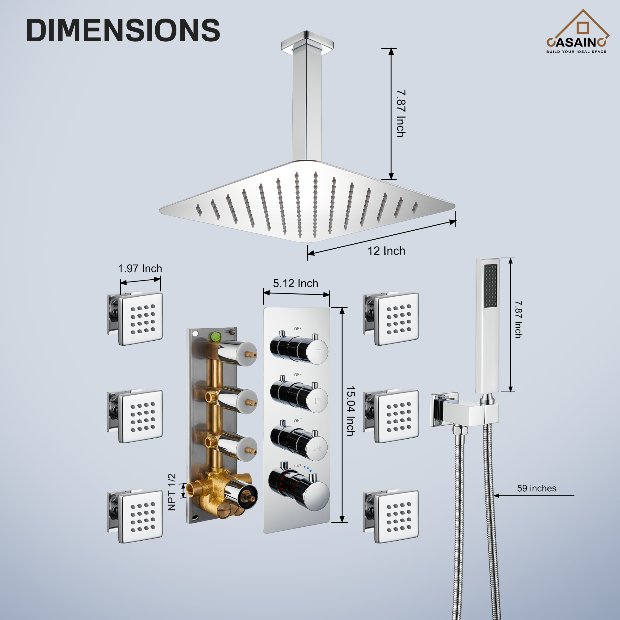 12" Ceiling Mount Rain Shower System with Handheld and Body Jets