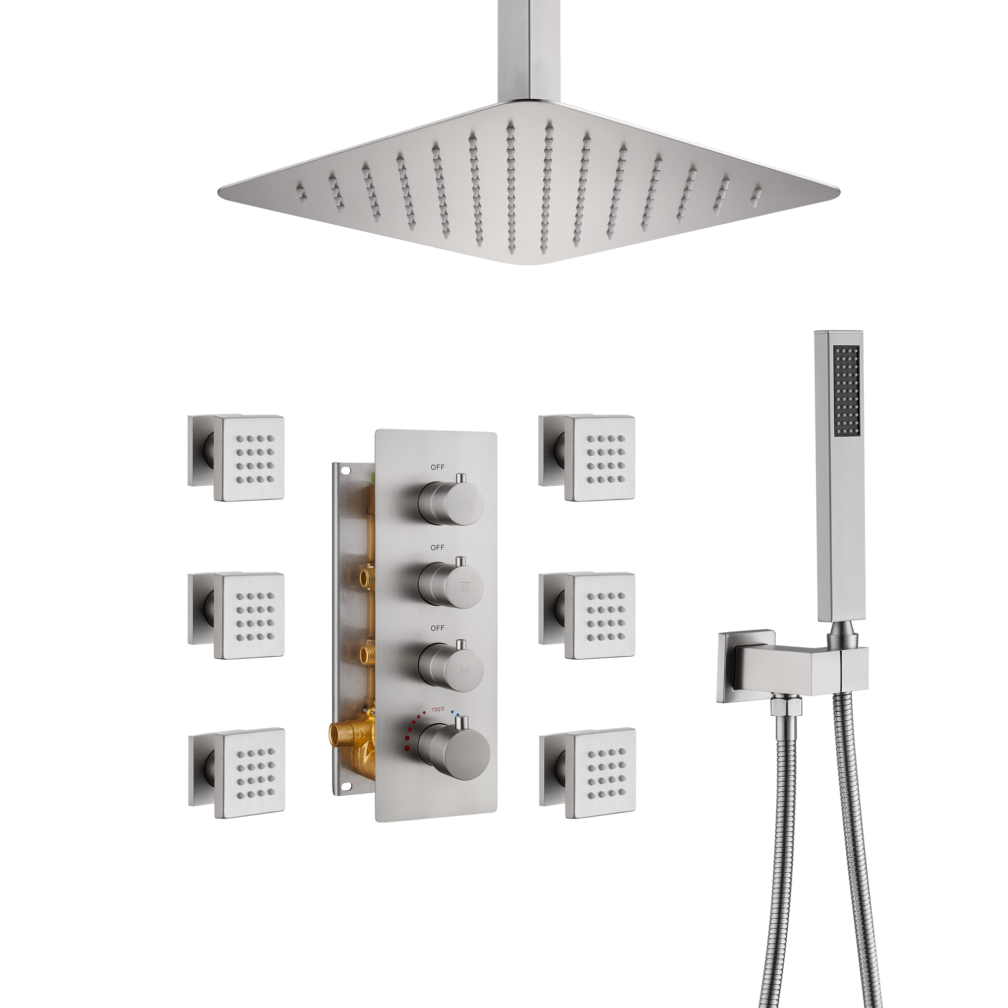 12" Ceiling Mount Rain Shower System with Handheld and Body Jets