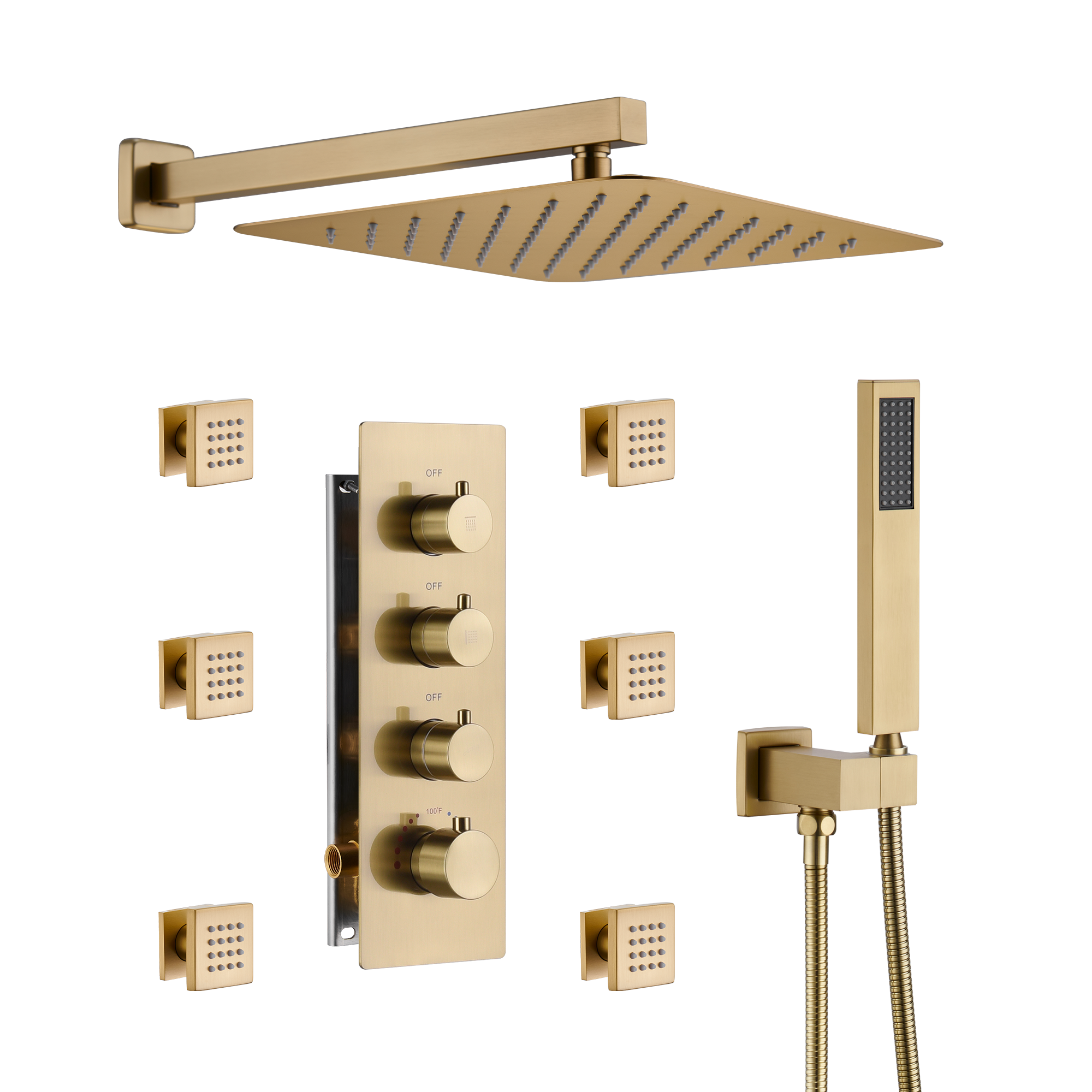 12" Thermostatic Shower System with Rainfall Showerhead & 6 Body Jets