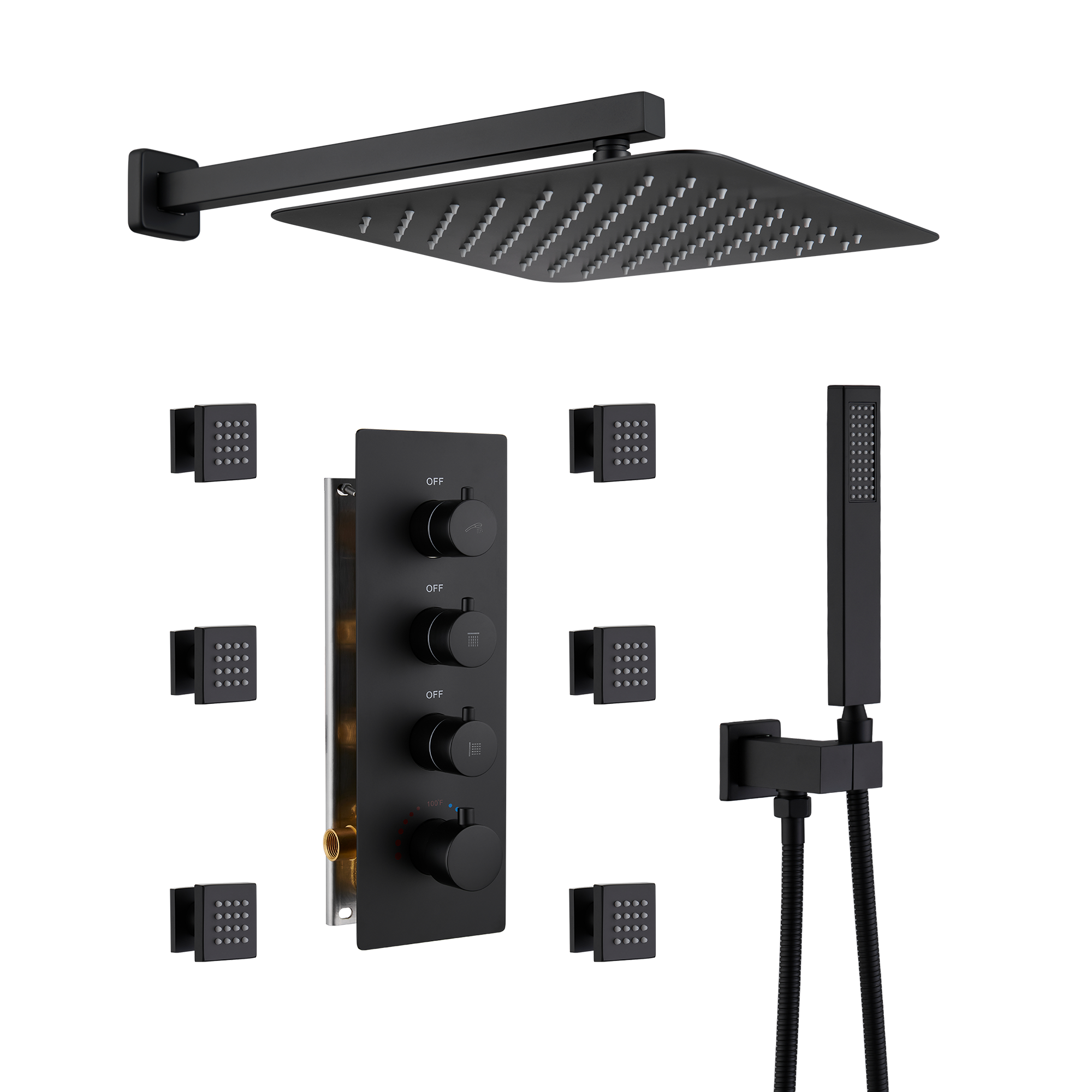 12" Thermostatic Shower System with Rainfall Showerhead & 6 Body Jets