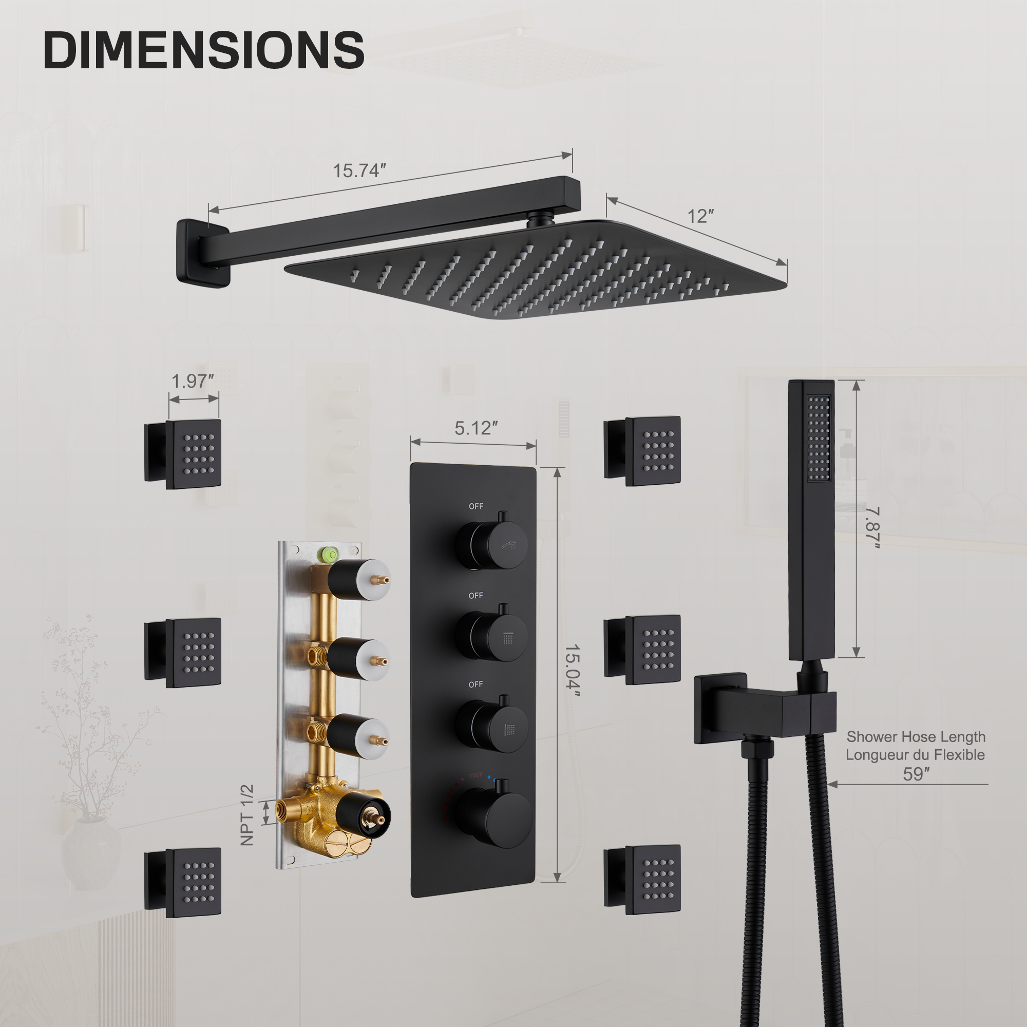 12" Thermostatic Shower System with Rainfall Showerhead & 6 Body Jets