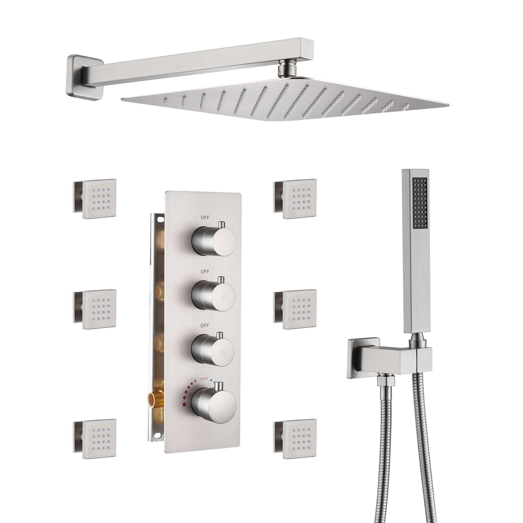 12" Thermostatic Shower System with Rainfall Showerhead & 6 Body Jets