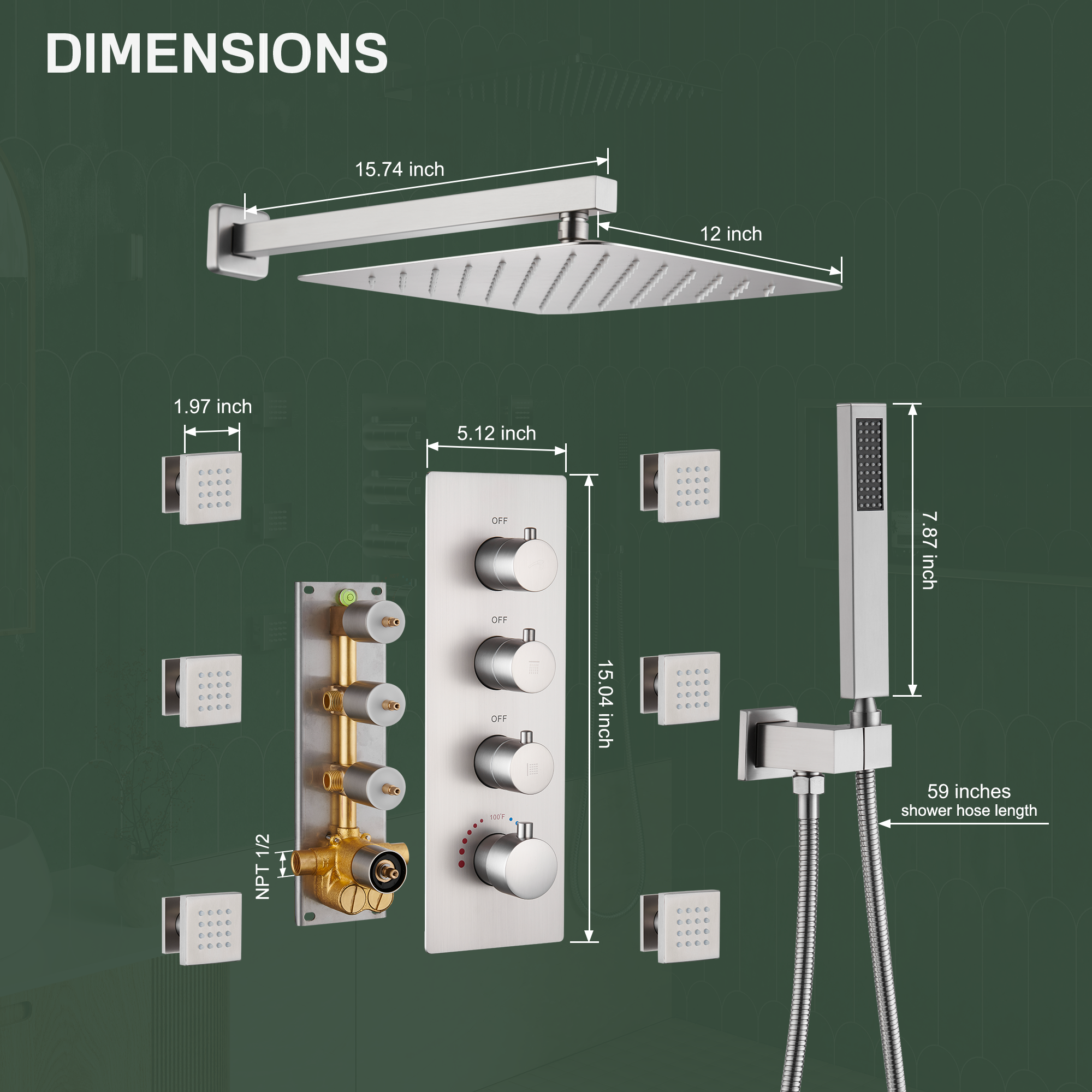 12" Thermostatic Shower System with Rainfall Showerhead & 6 Body Jets
