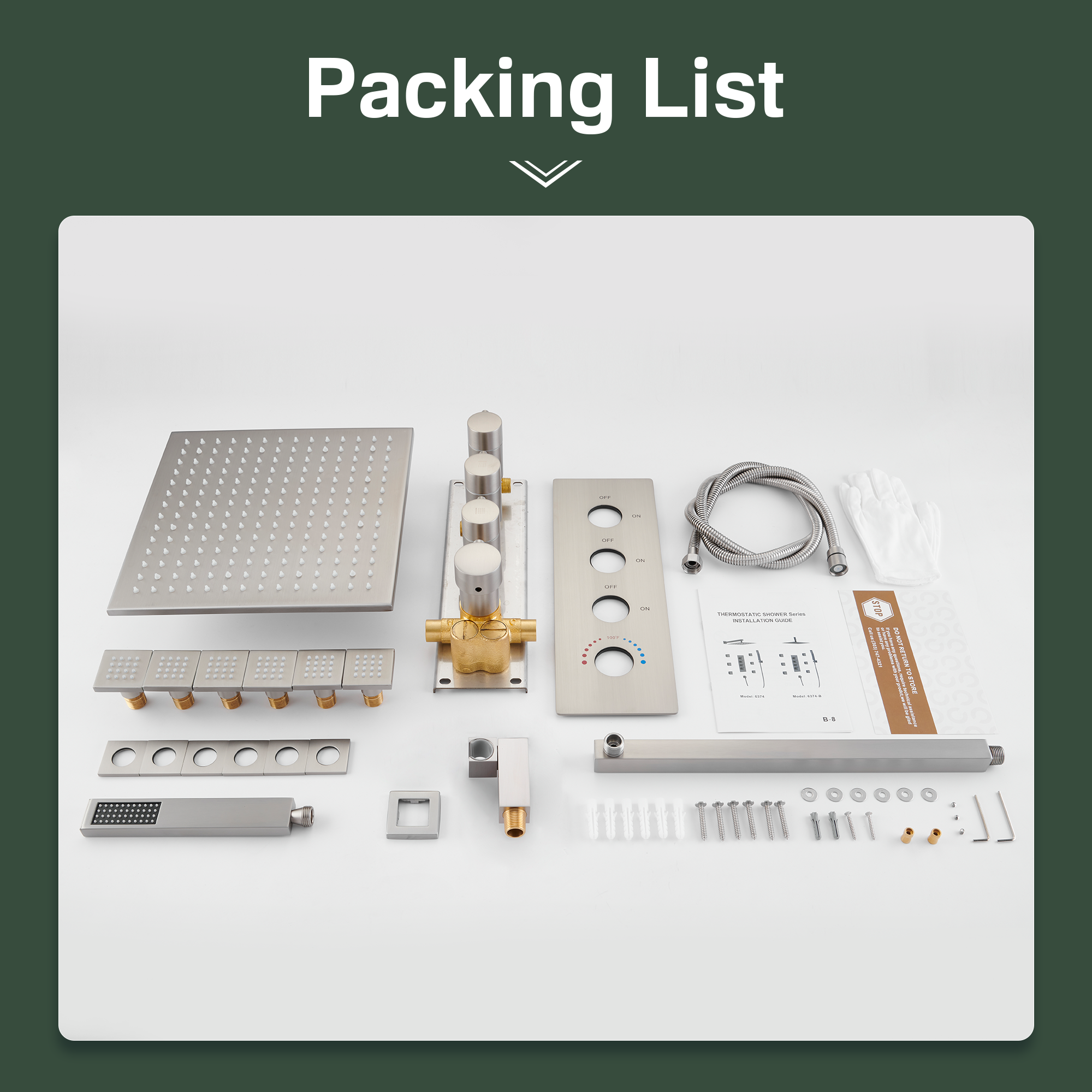 12" Thermostatic Shower System with Rainfall Showerhead & 6 Body Jets