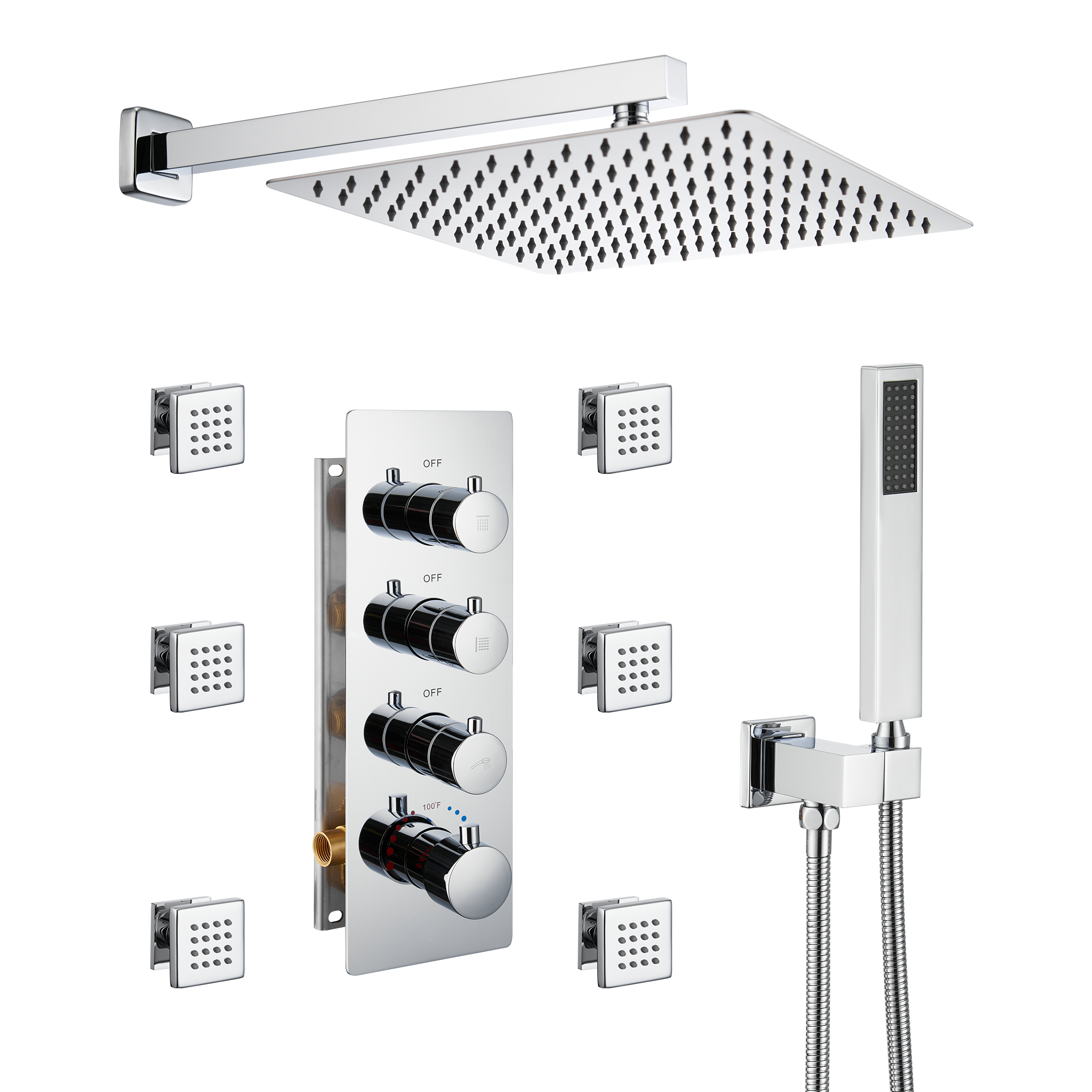 12" Thermostatic Shower System with Rainfall Showerhead & 6 Body Jets