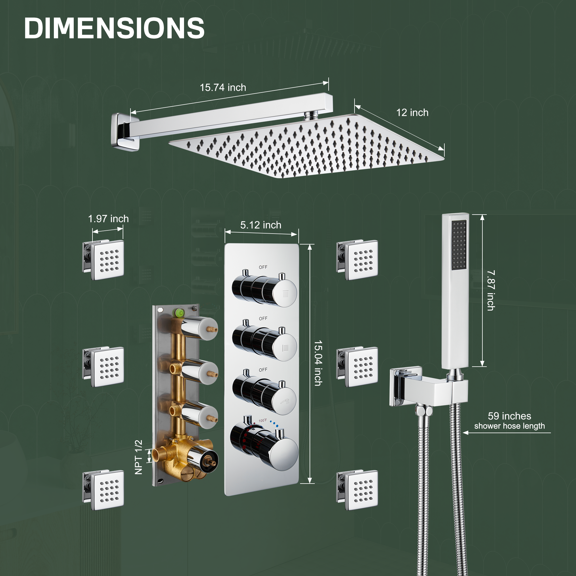 12" Thermostatic Shower System with Rainfall Showerhead & 6 Body Jets