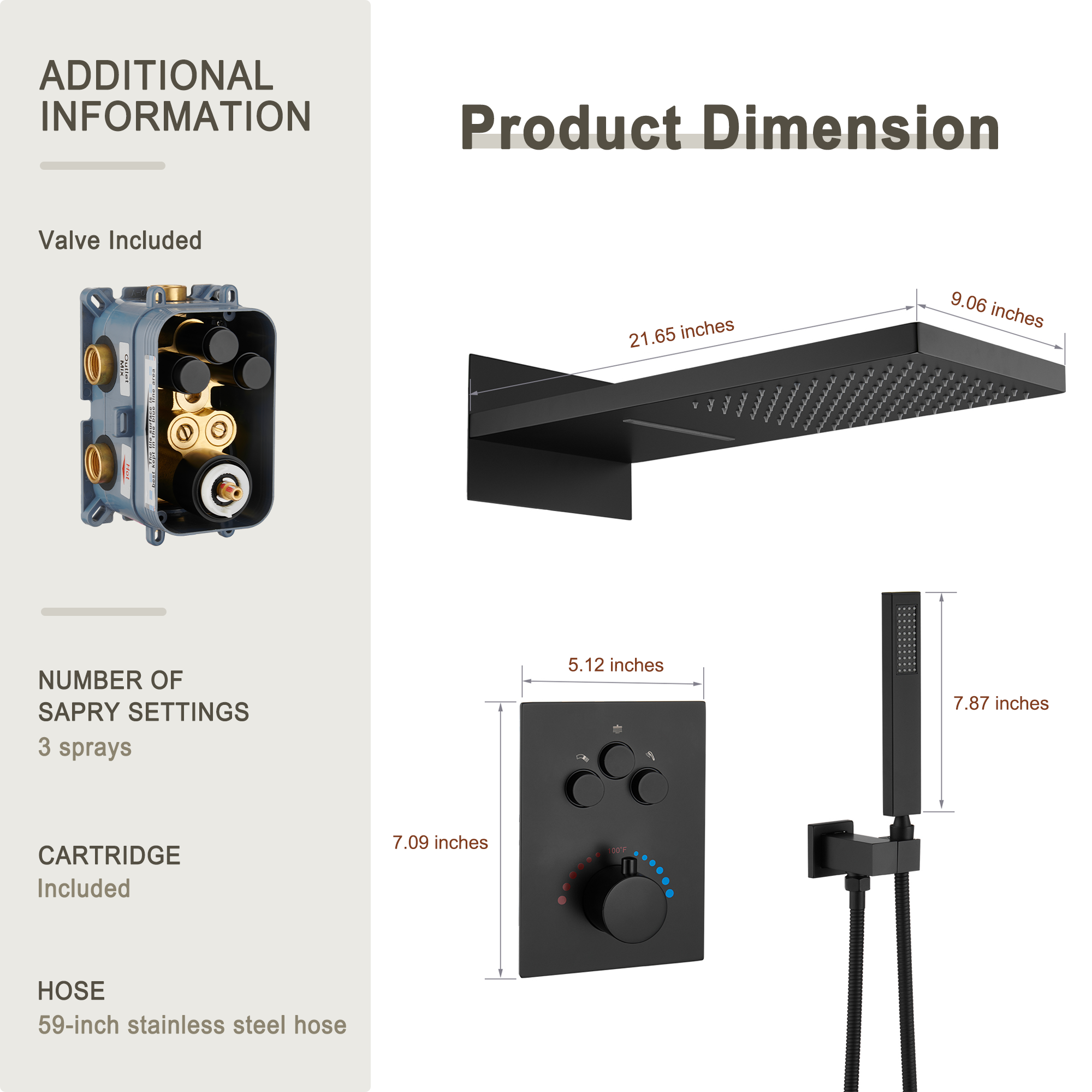 22" Thermostatic Shower System with Rainfall and Waterfall Shower Head