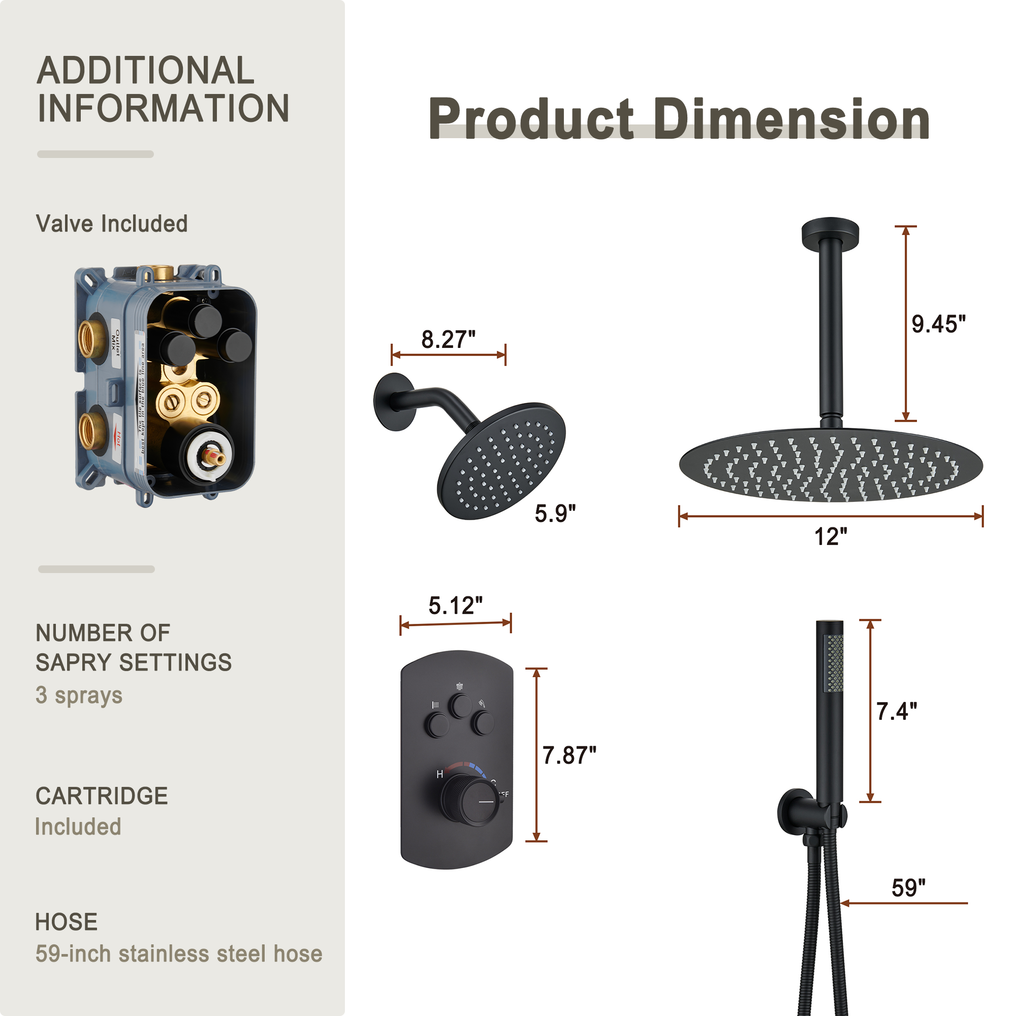 3-Function Shower System with Dual Showerheads and Balancing Valve
