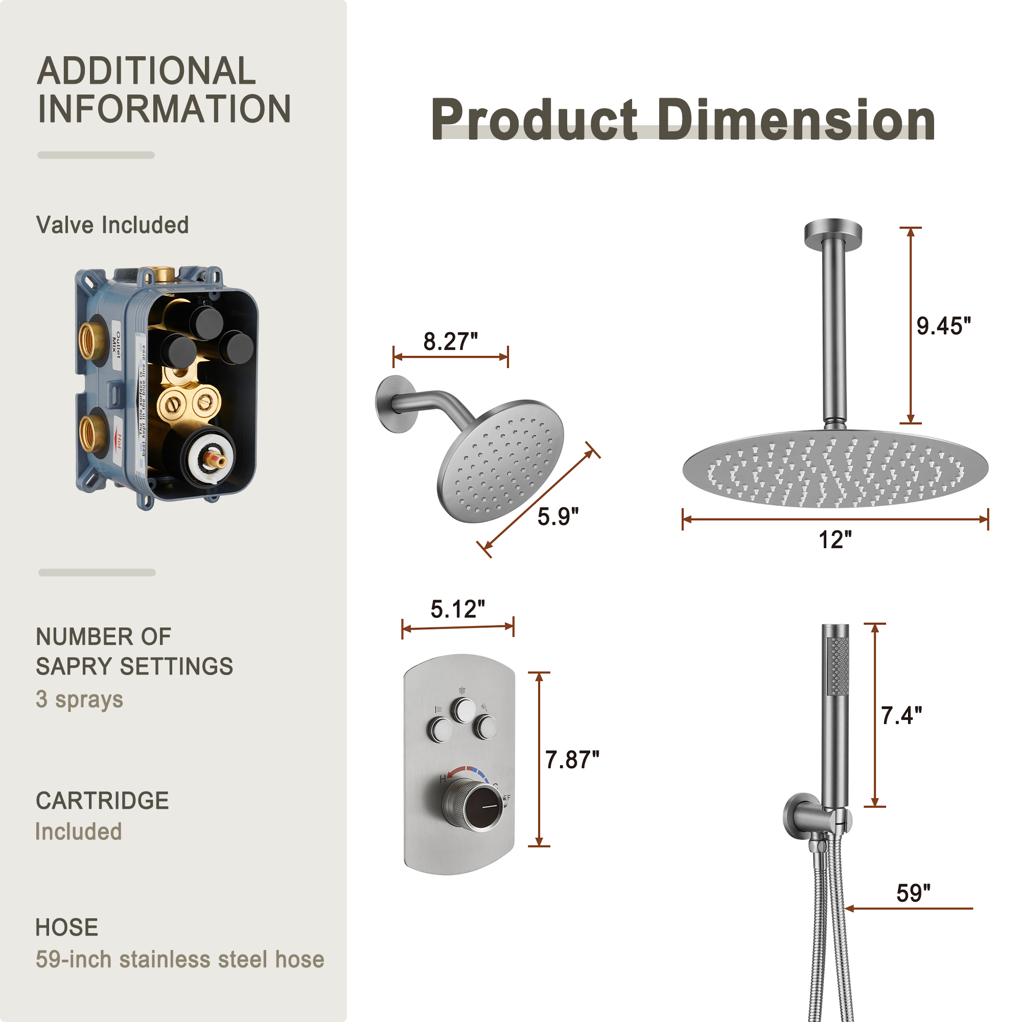 3-Function Shower System with Dual Showerheads and Balancing Valve