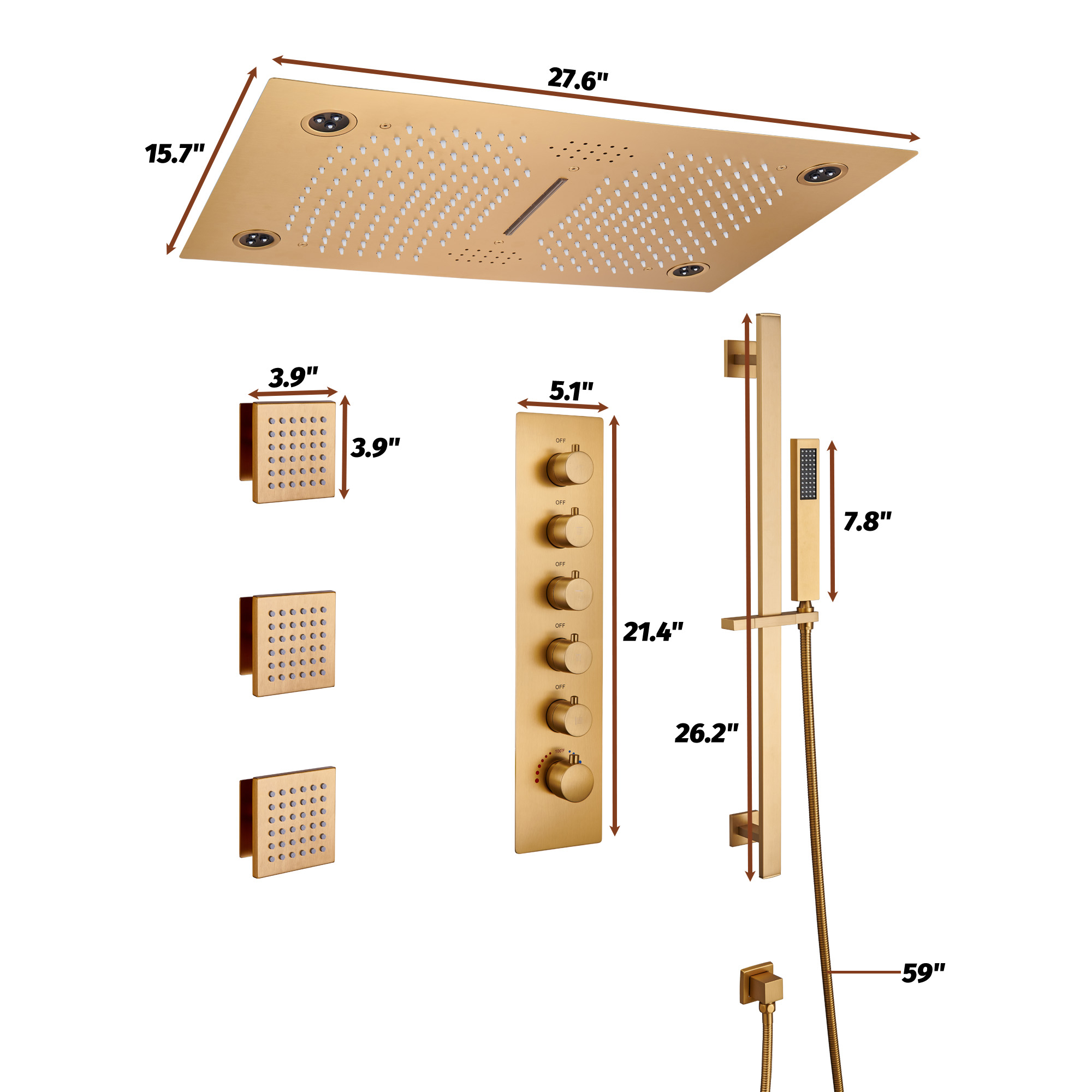 27.6" x 15.7" Luxury Thermostatic Shower System with LED Rainfall & Waterfall