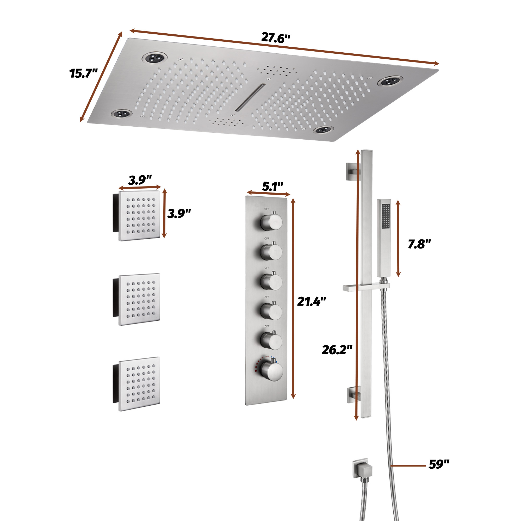 27.6" x 15.7" Luxury Thermostatic Shower System with LED Rainfall & Waterfall