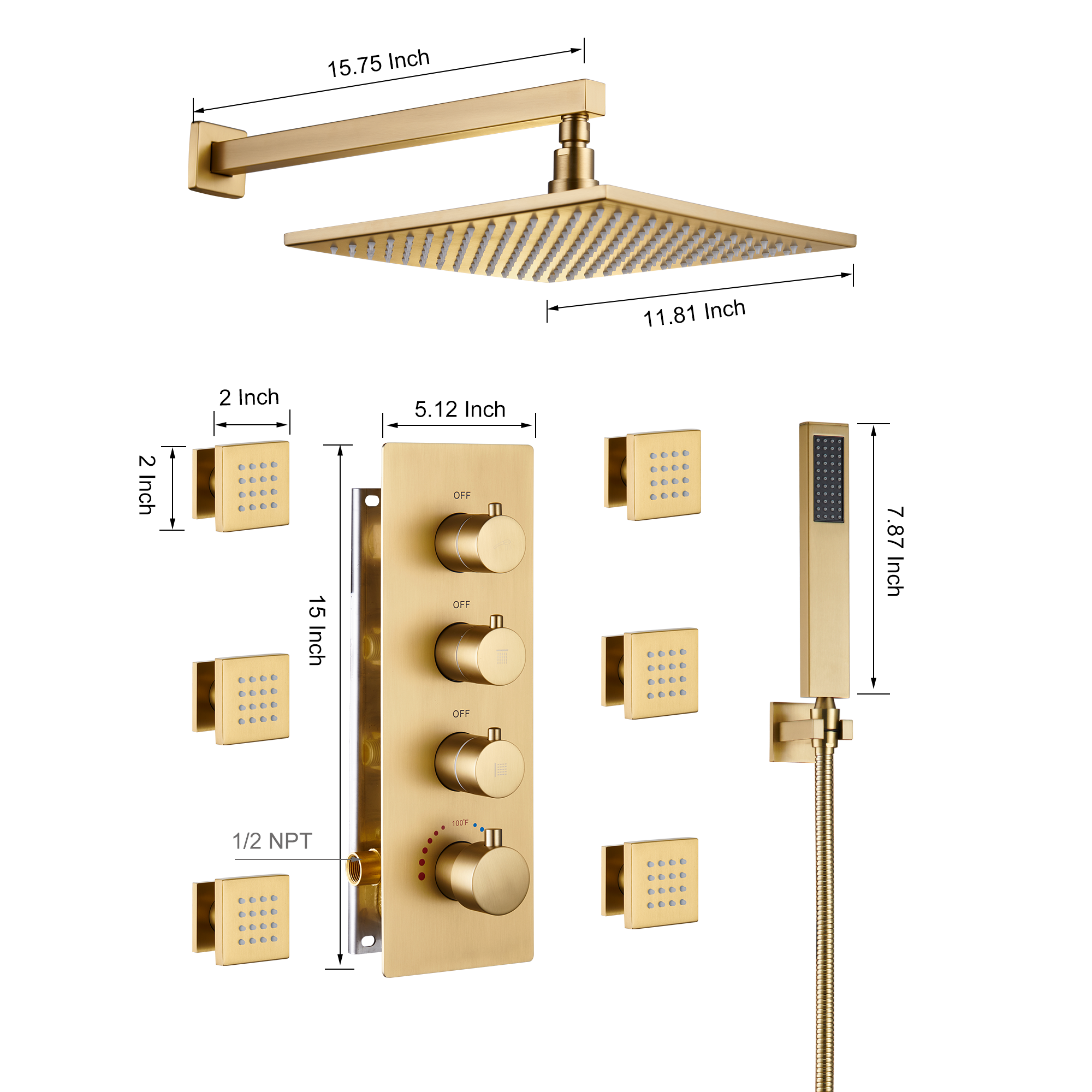 12" Thermostatic LED Shower System Wall-Mount Rain Showerhead with 6 Body Jets