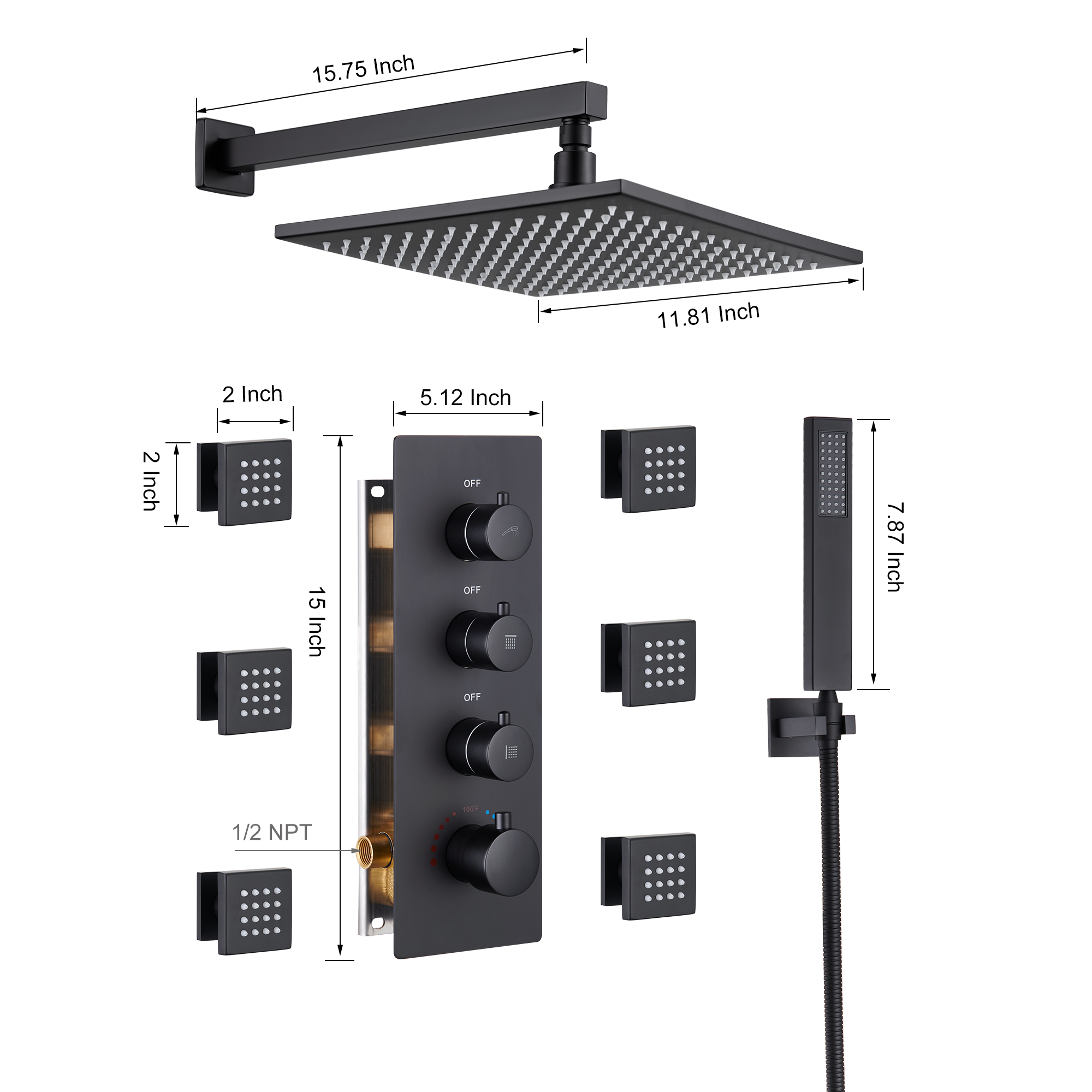 12" Thermostatic LED Shower System Wall-Mount Rain Showerhead with 6 Body Jets