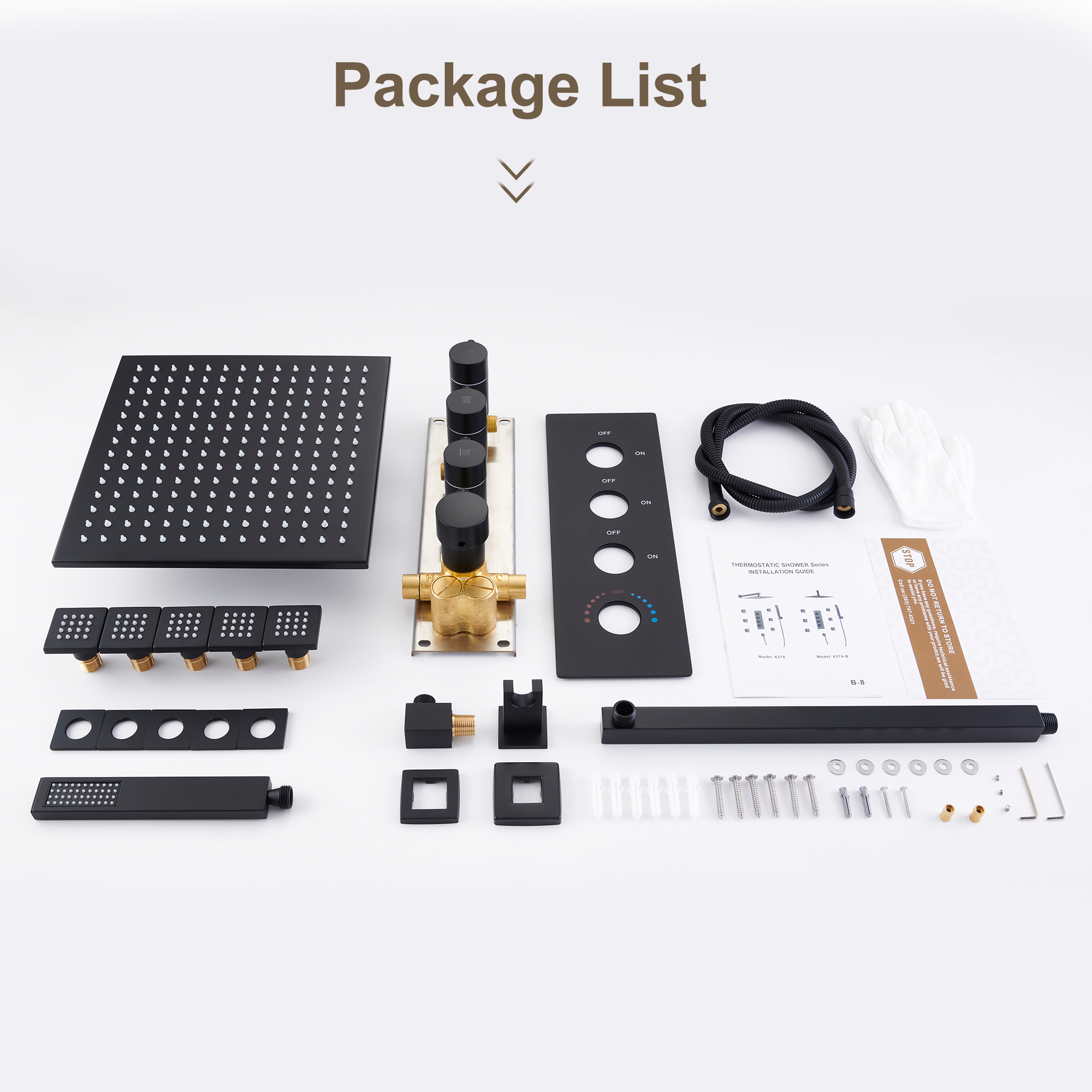 12" Thermostatic LED Shower System Wall-Mount Rain Showerhead with 6 Body Jets