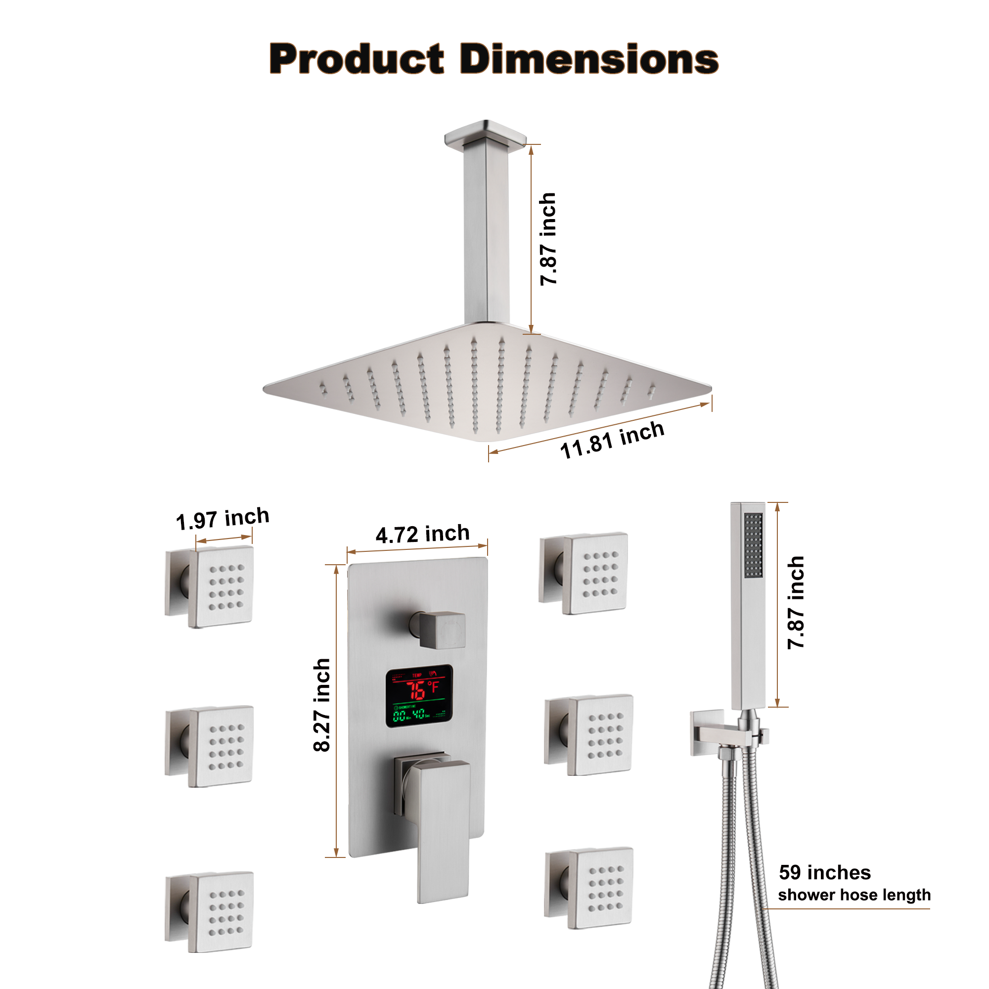 12" Ceiling-Mounted Shower System with Digital Display & 6 Body Jets