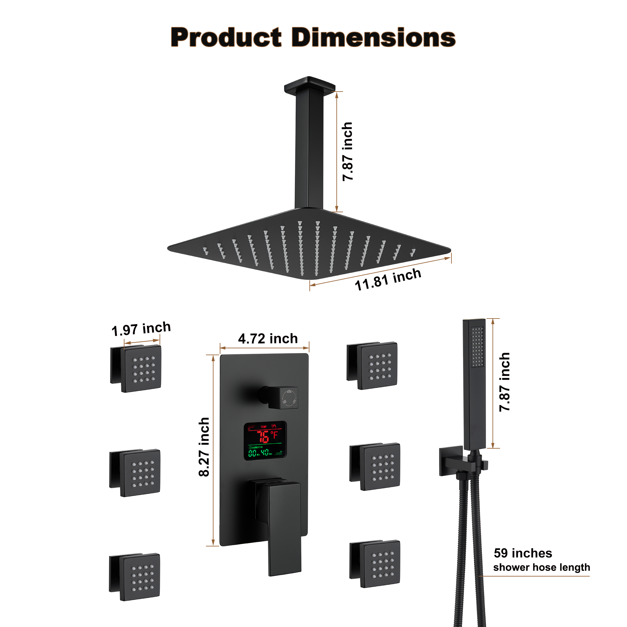 12" Ceiling-Mounted Shower System with Digital Display & 6 Body Jets