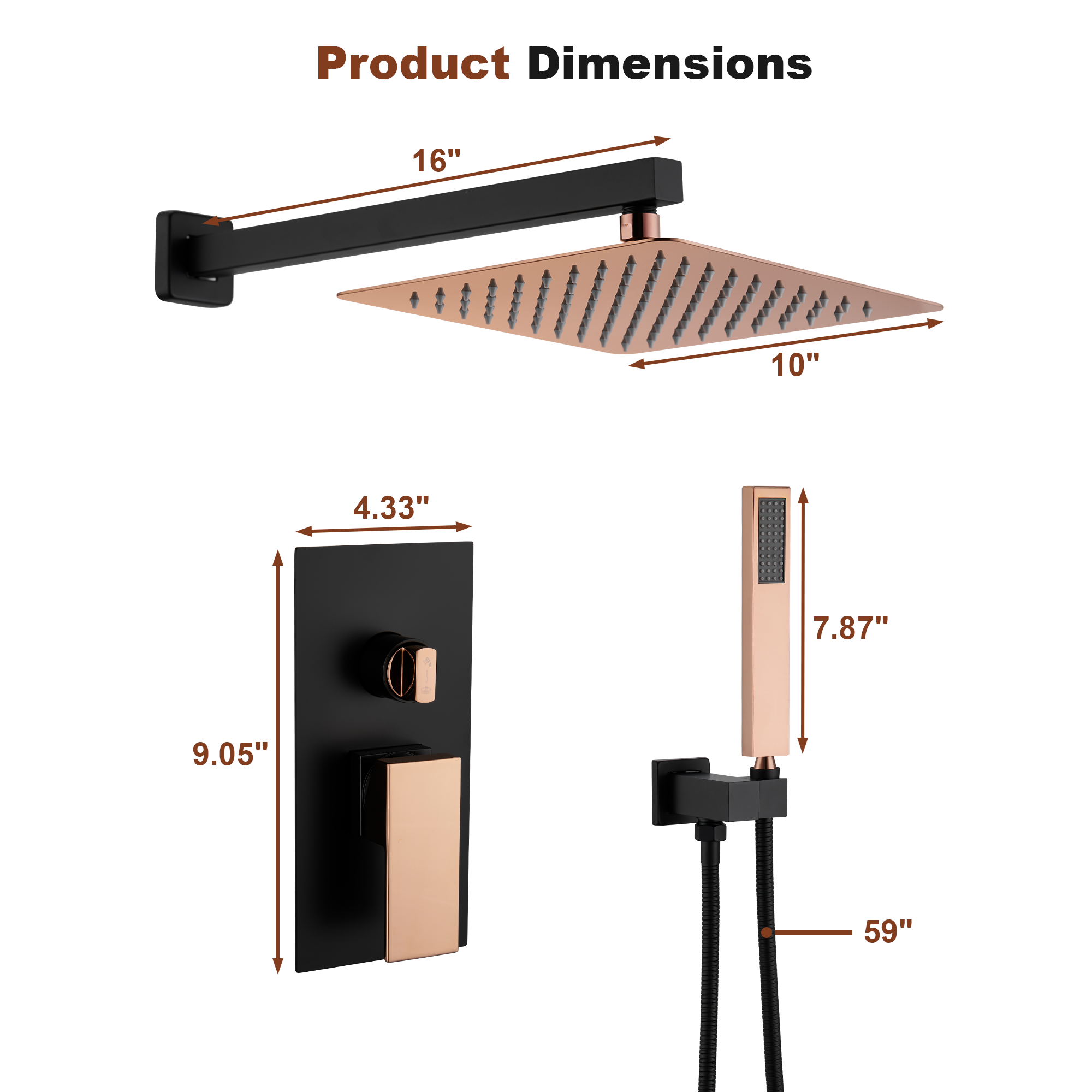 10” Rose Gold and Black Wall-Mounted Shower System with Handheld Shower