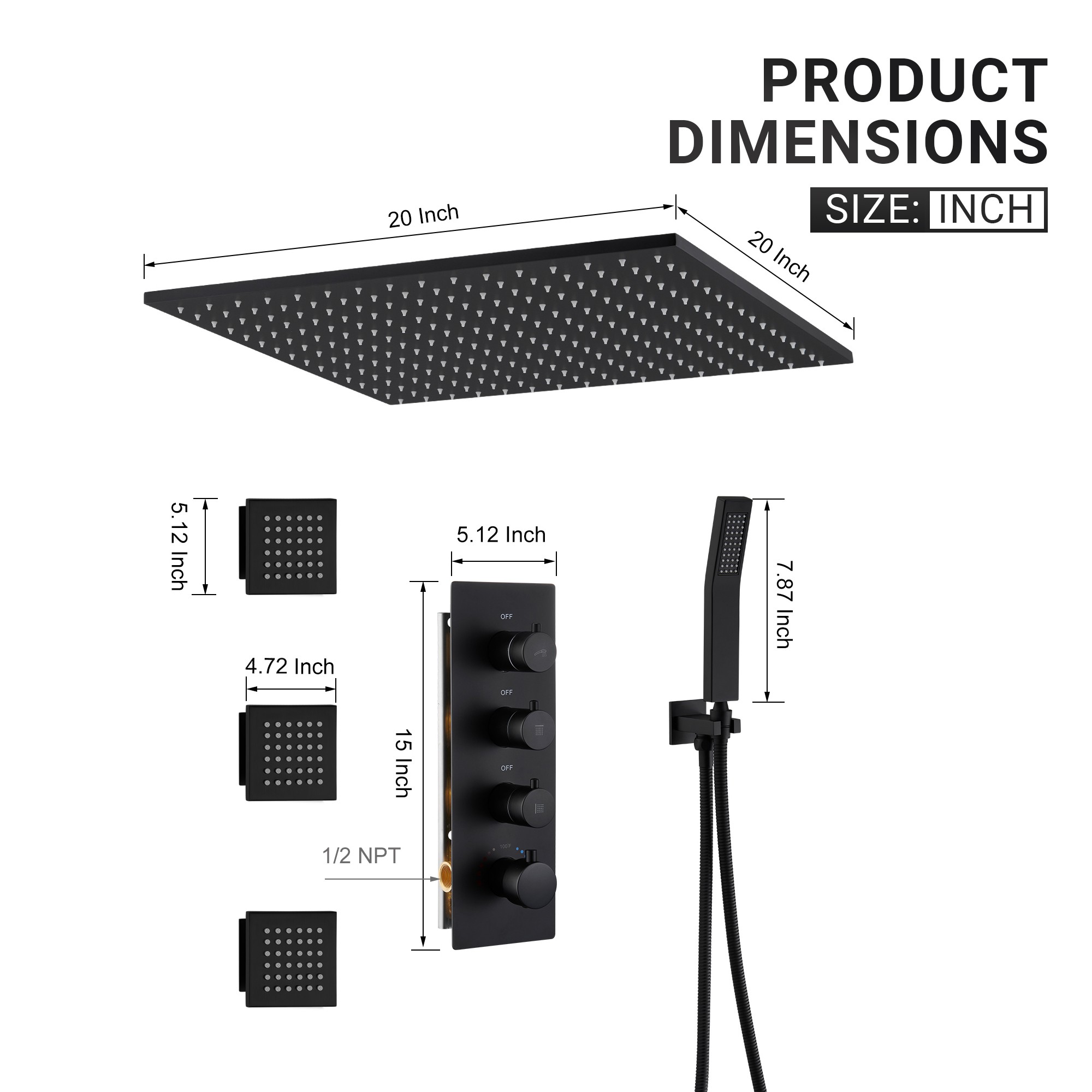 20" Luxury 3-in-1 Shower System with Shower Handheld and Body Jets