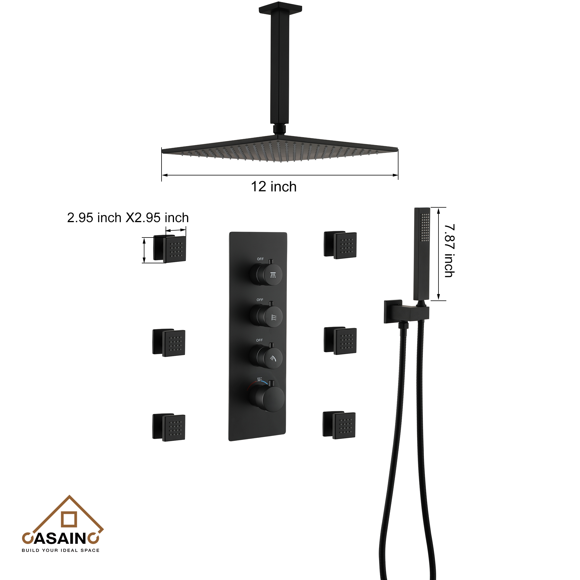 12" Ceiling-Mounted Rainfall Shower System with Handheld & Body Jets