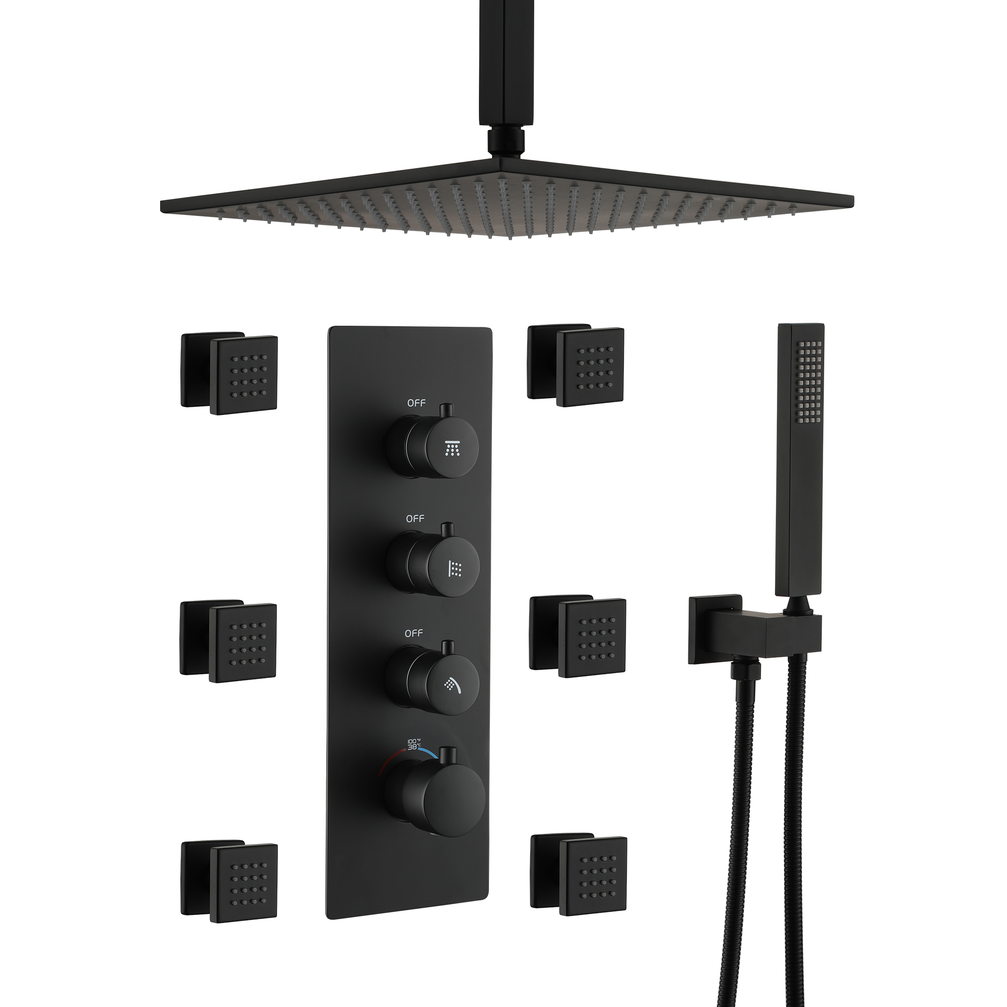 12" Ceiling-Mounted Rainfall Shower System with Handheld & Body Jets