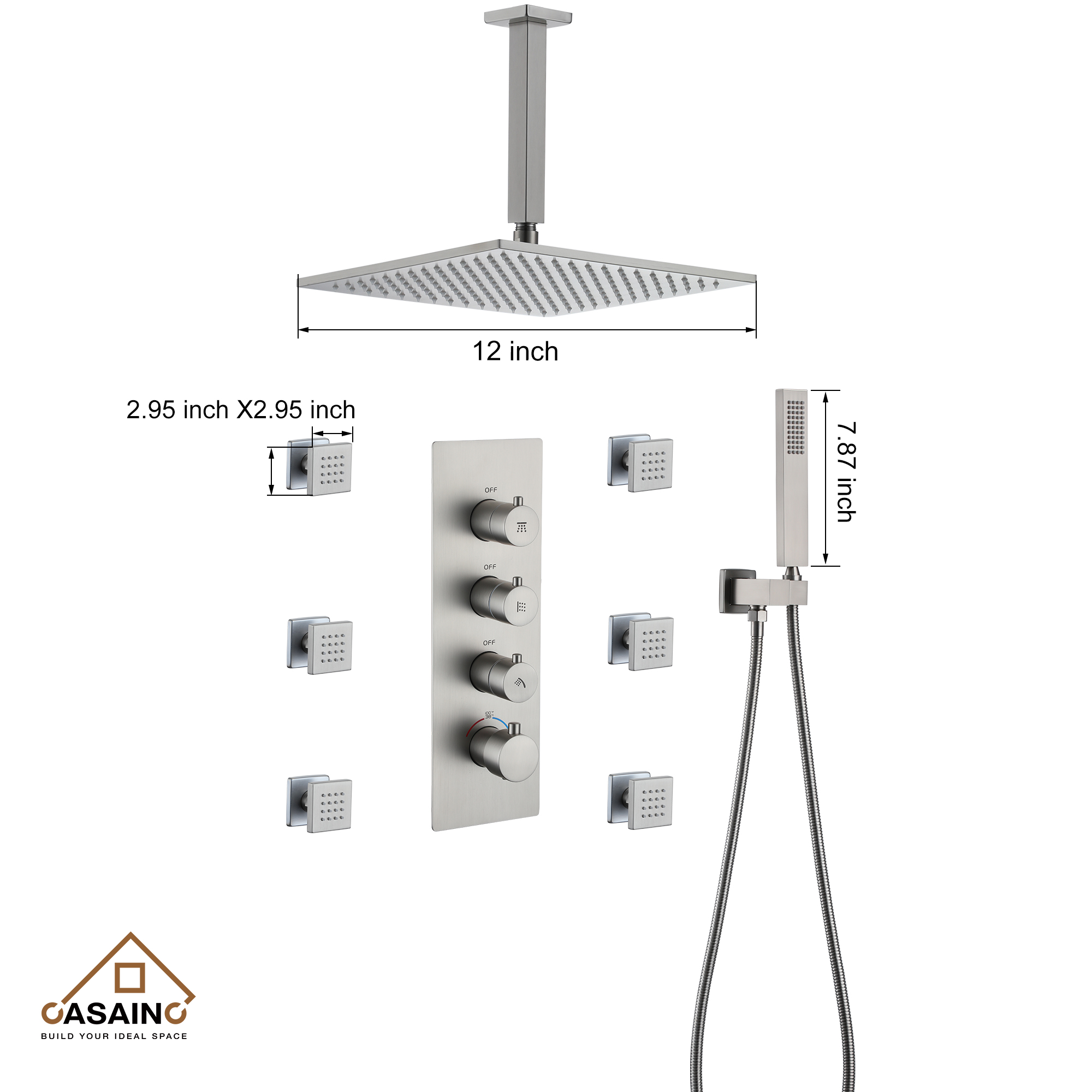 12" Ceiling-Mounted Rainfall Shower System with Handheld & Body Jets