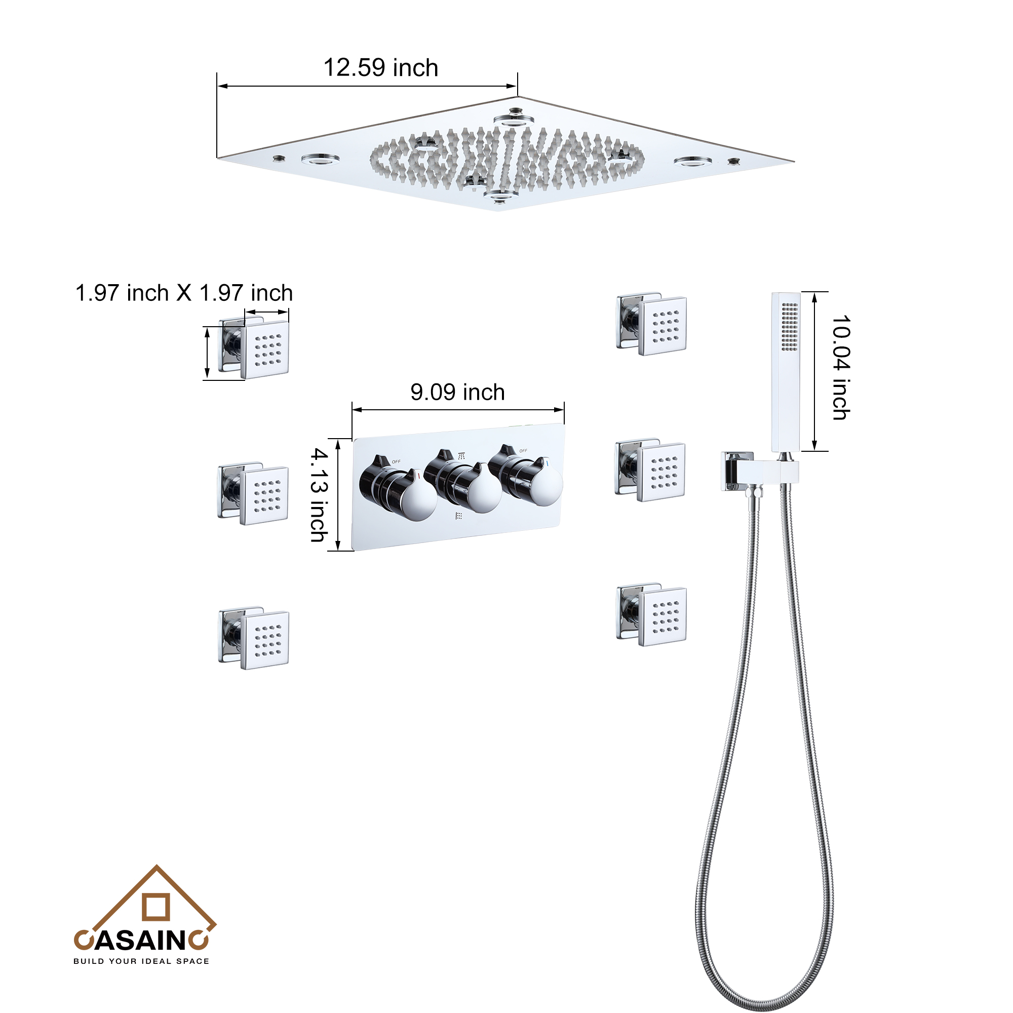 12.59" Flush-Mounted 3-Function Shower System with LED Lights