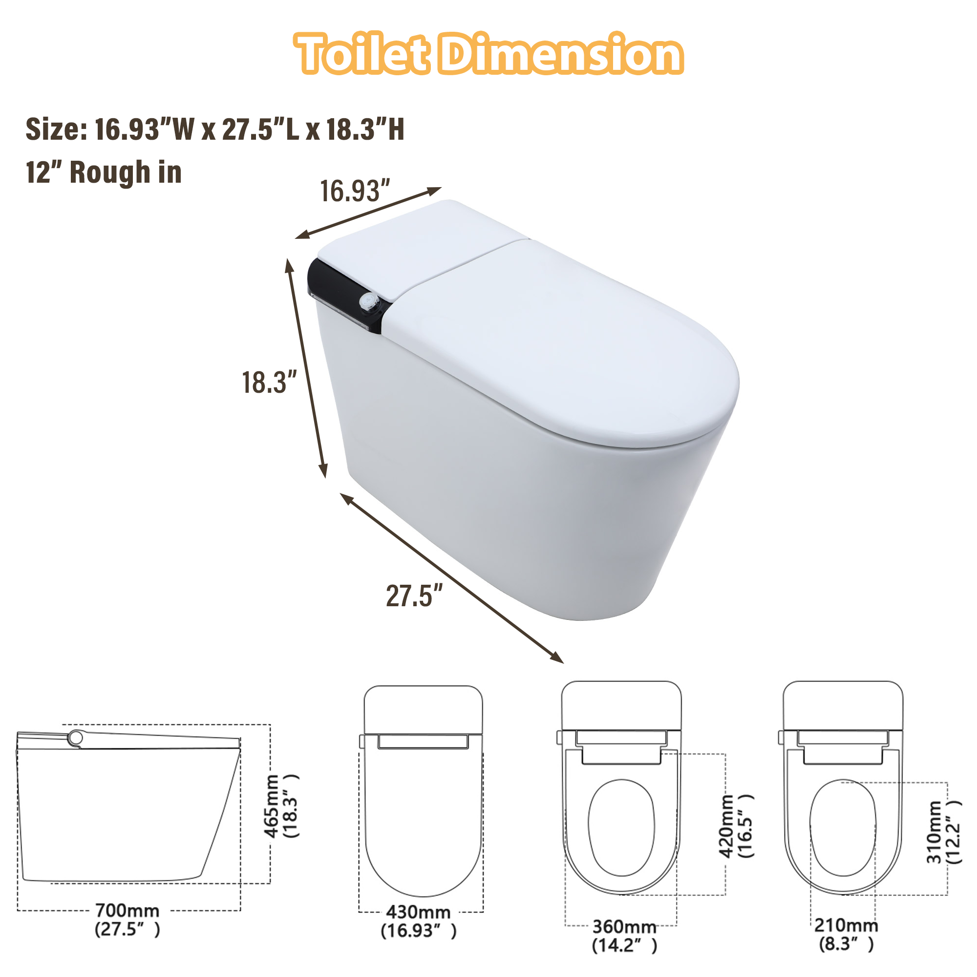 White Electric Smart Bidet Toilet with Foot Sensor Flush 1.28 GPF