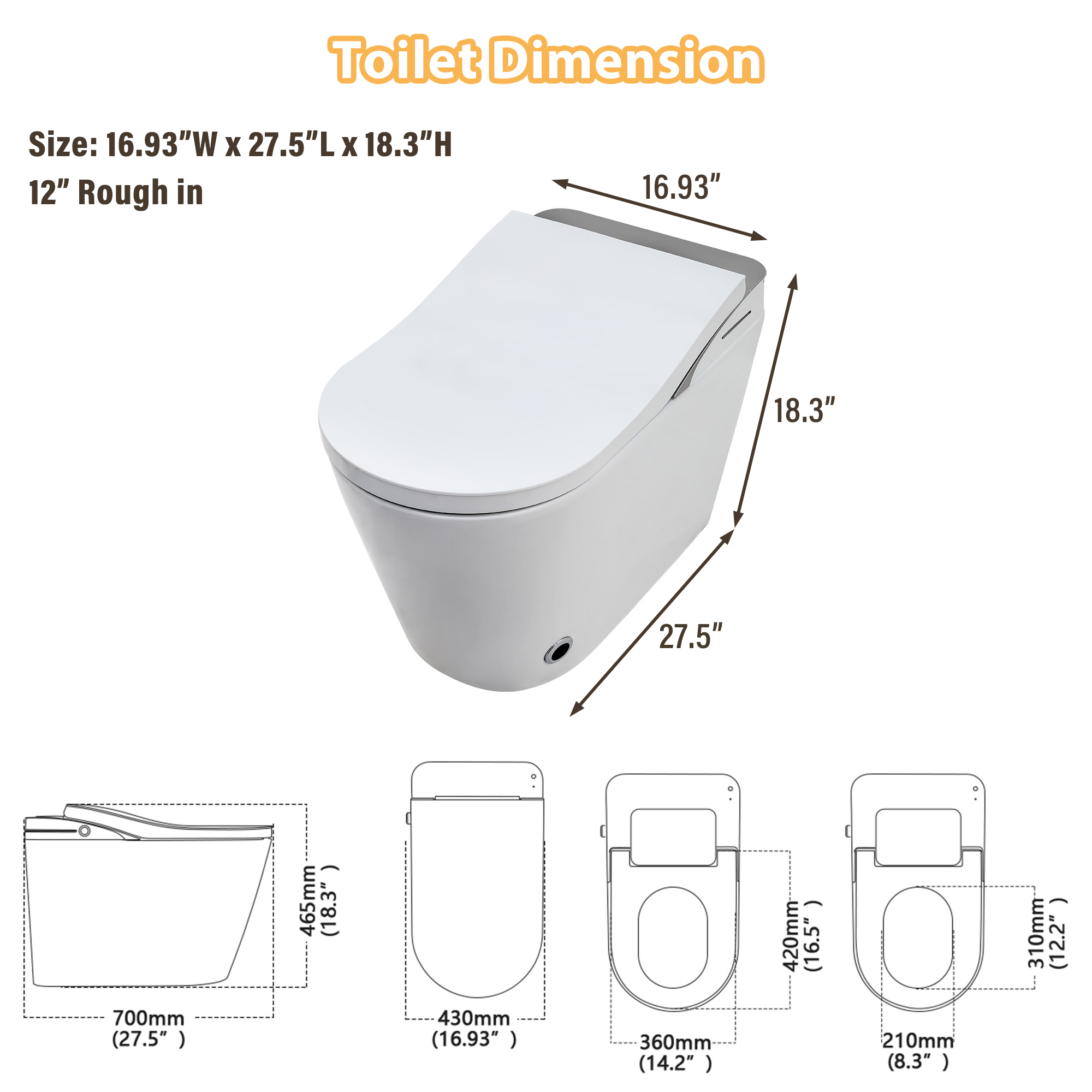 Electric Smart Bidet Toilet 1.28 GPF White Heated Seat Auto Flush