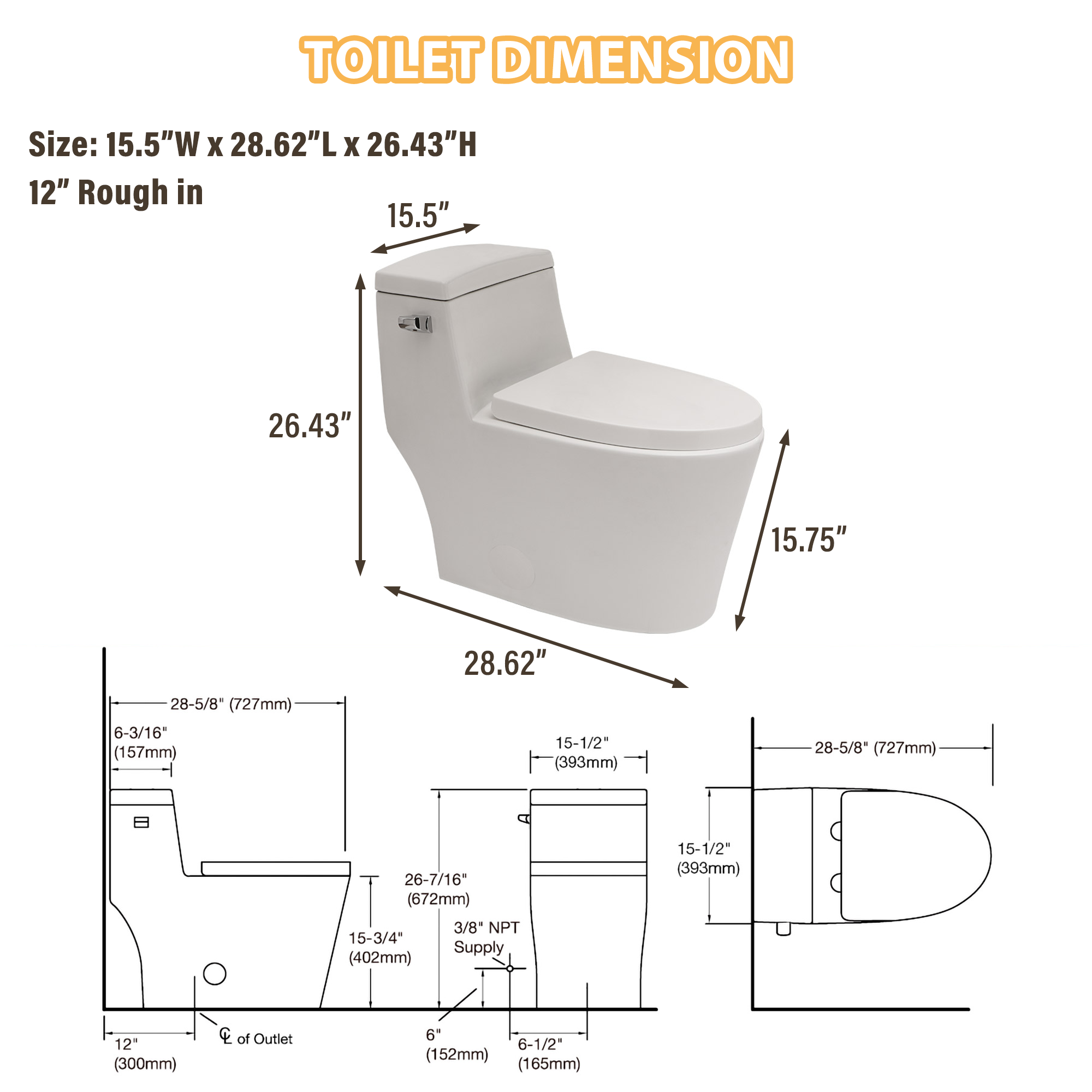 Floor-Mounted Elongated Ceramic Toilet with Seat 1.28 GPF Single Flush