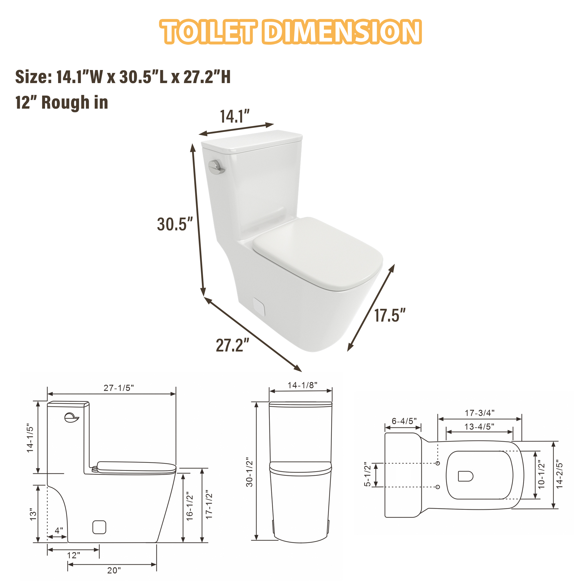 Ceramic Floor-Mounted One-Piece Toilet with 1.28 GPF Single Flush