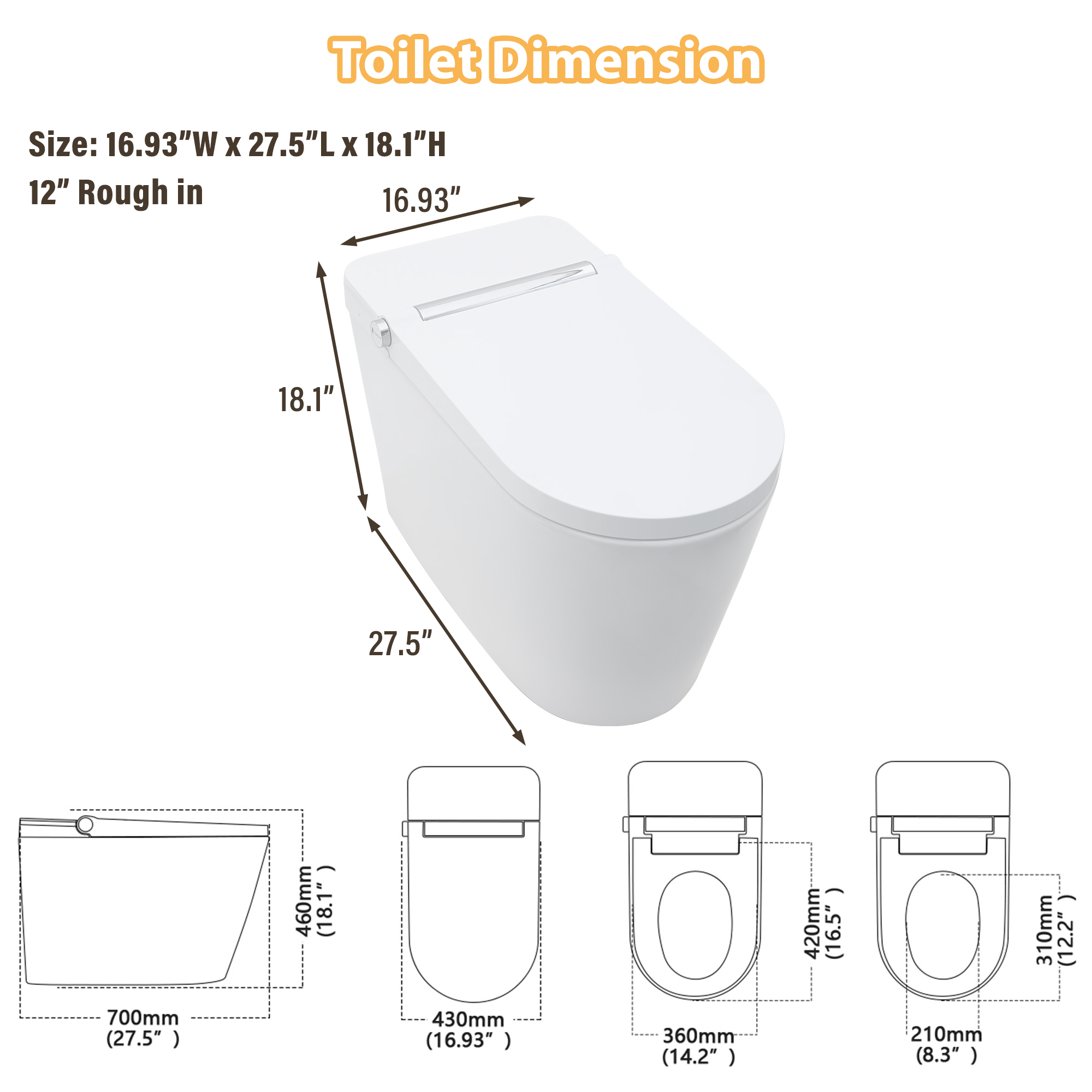 Elongated Heated Seat Smart Toilet with Built-In Bidet and Multicolor LED Backlight