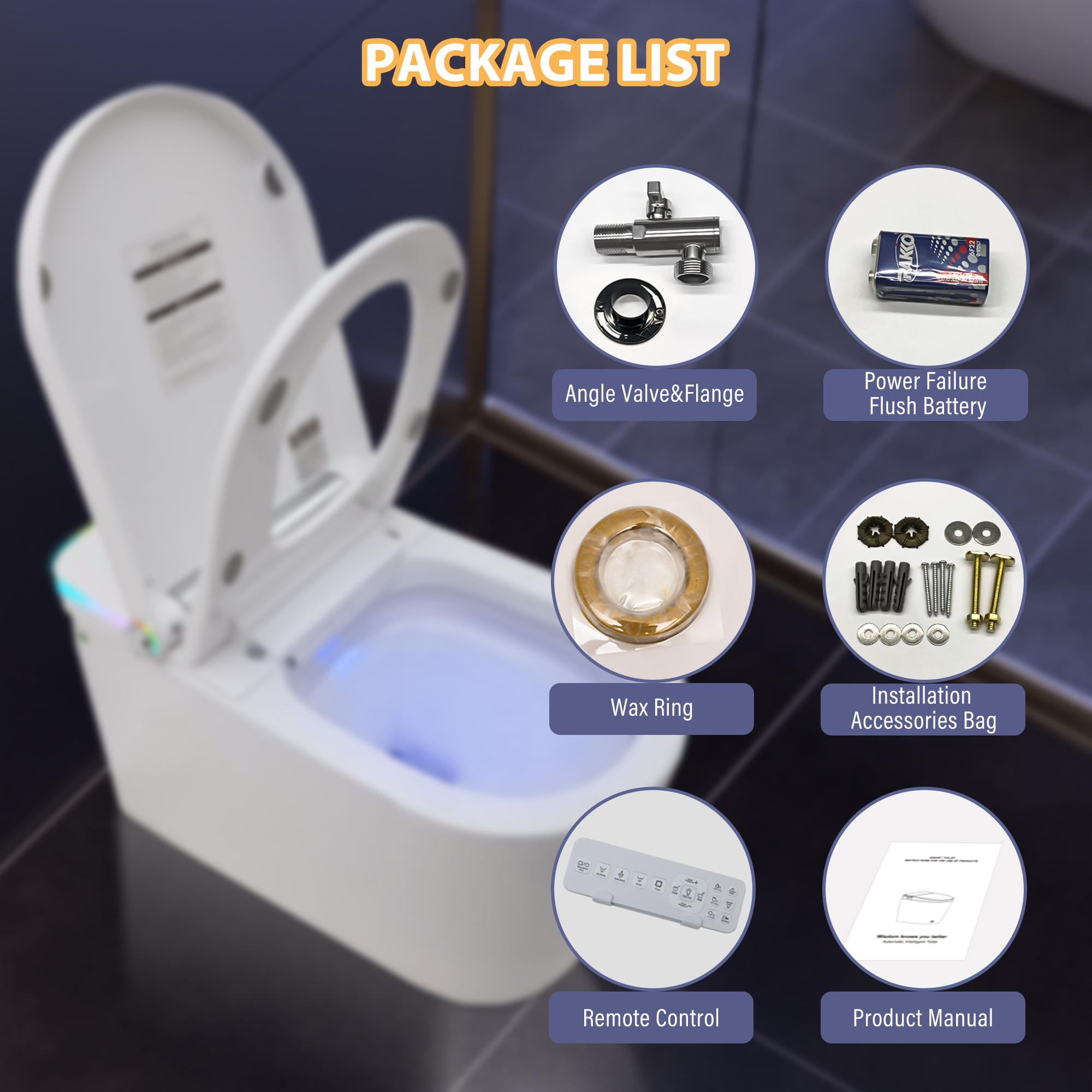 Elongated Heated Seat Smart Toilet with Built-In Bidet and Multicolor LED Backlight