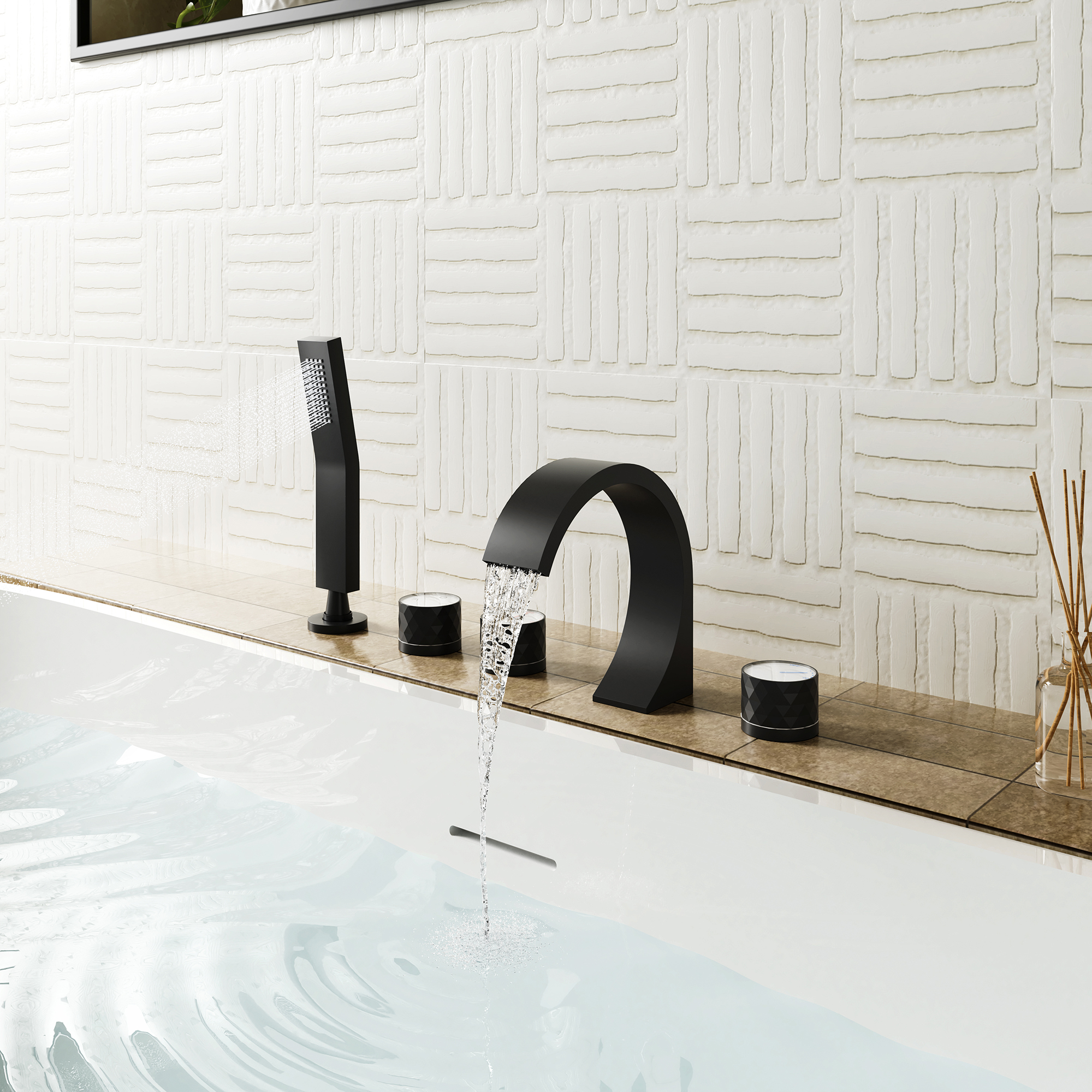 C-Shaped Curved Design 3-Handle Roman Bathtub Faucet with Hand Shower