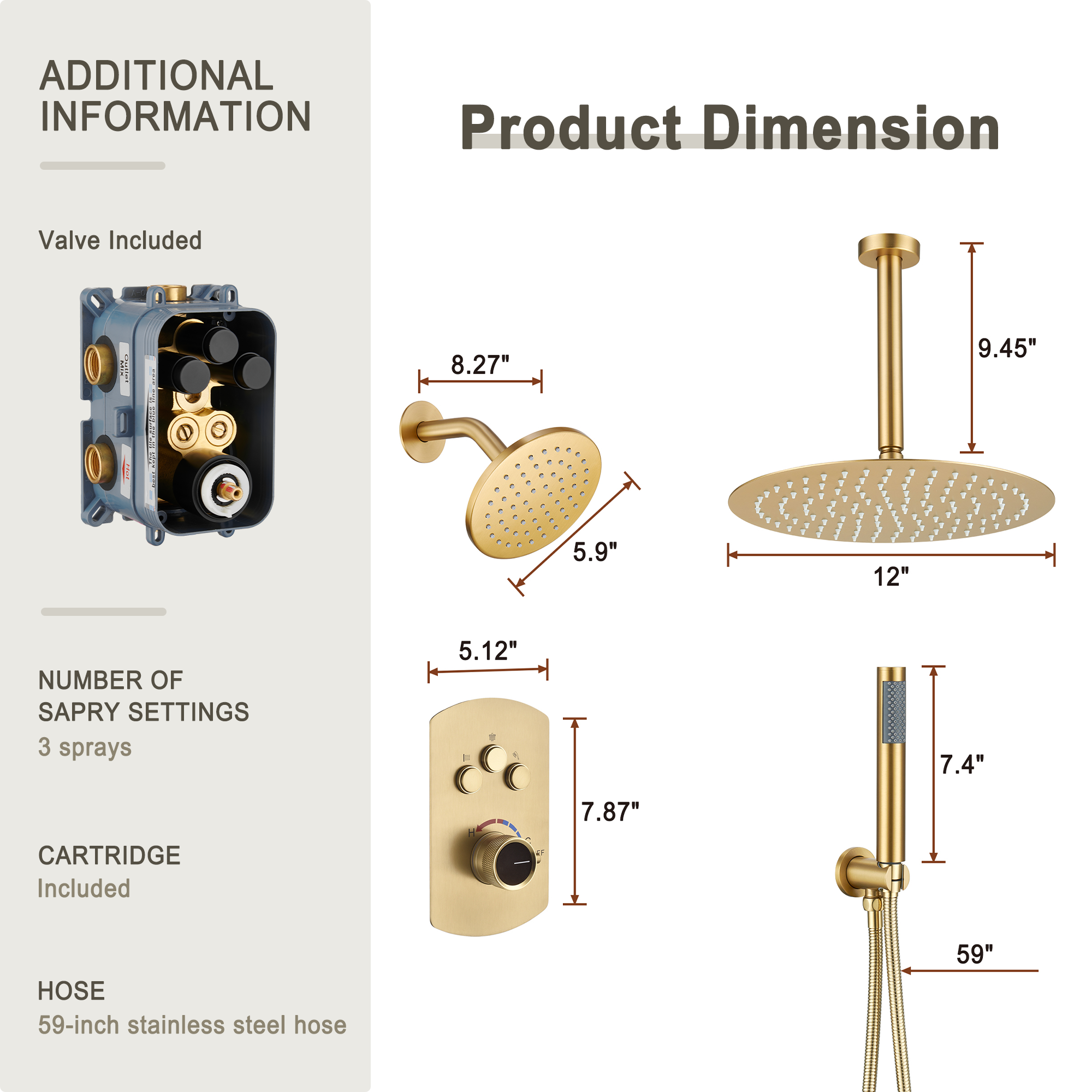 3-Function Shower System with Dual Showerheads and Balancing Valve