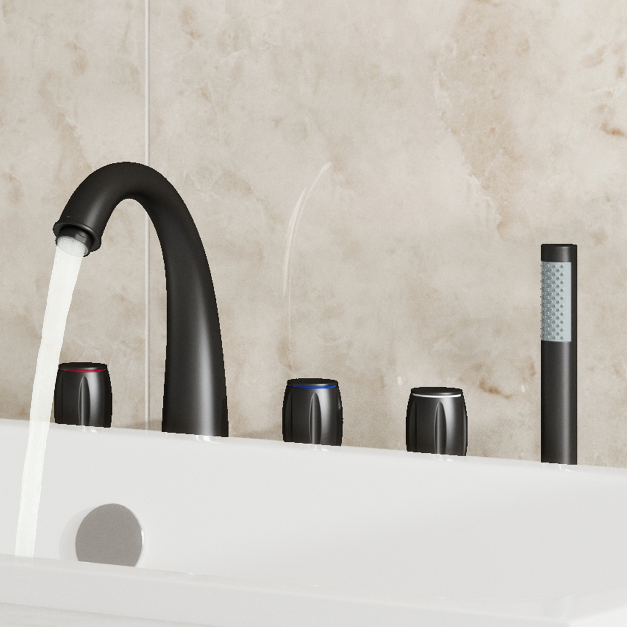 3-Handle Deck-Mounted Waterfall Roman Tub Faucet with Hand Shower