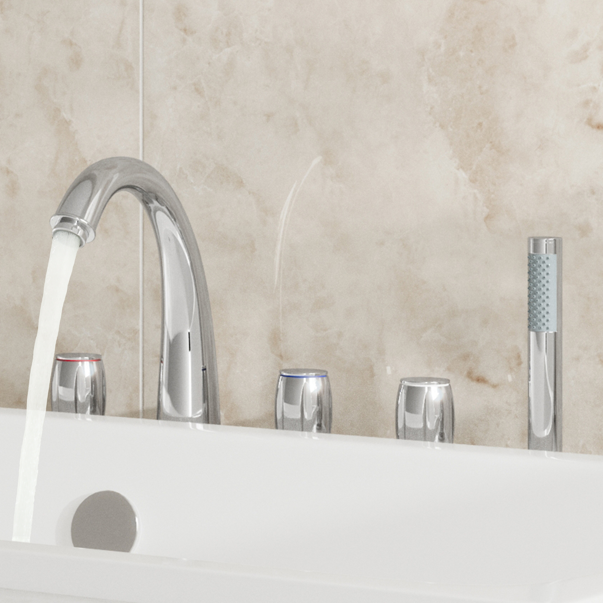 3-Handle Deck-Mounted Waterfall Roman Tub Faucet with Hand Shower