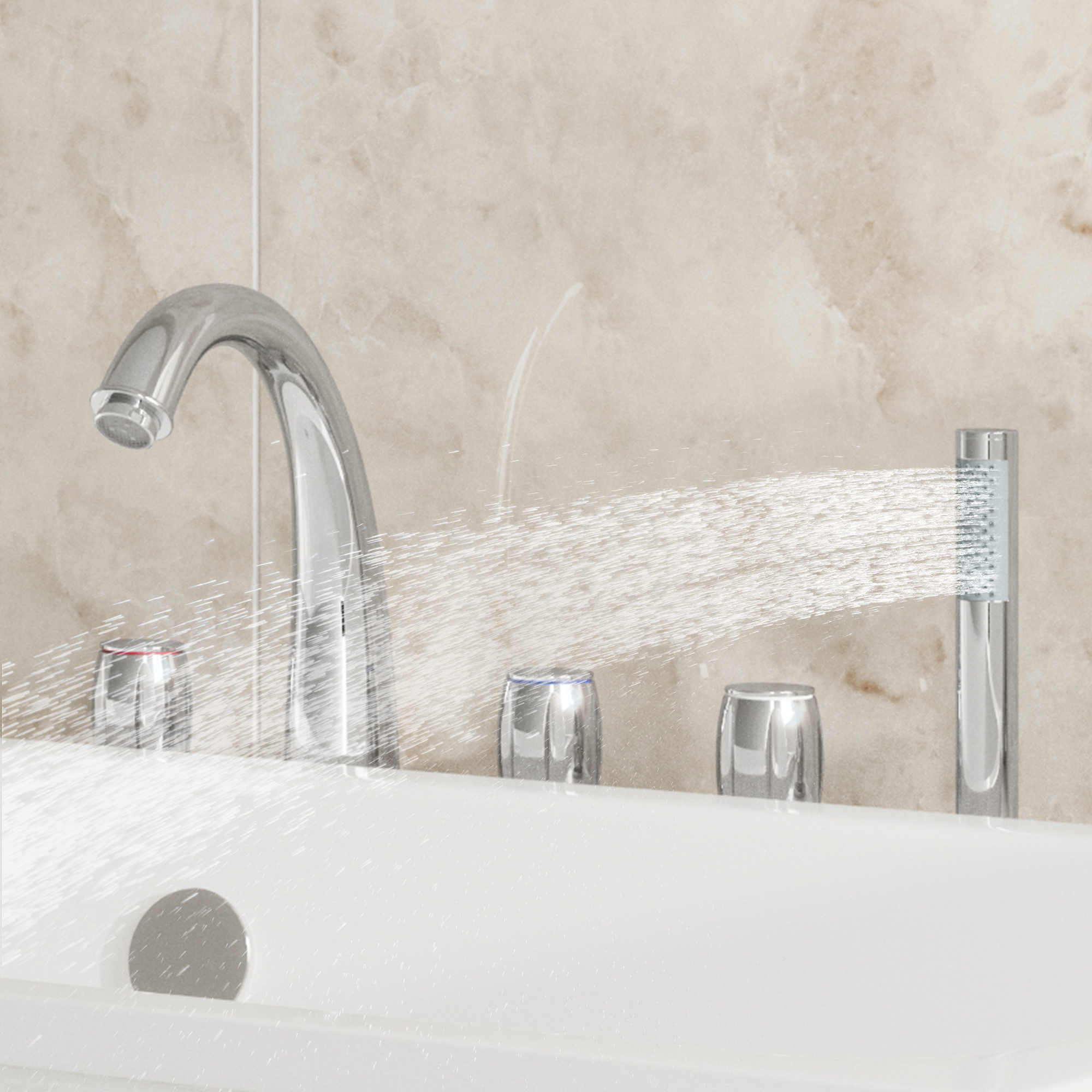 3-Handle Deck-Mounted Waterfall Roman Tub Faucet with Hand Shower