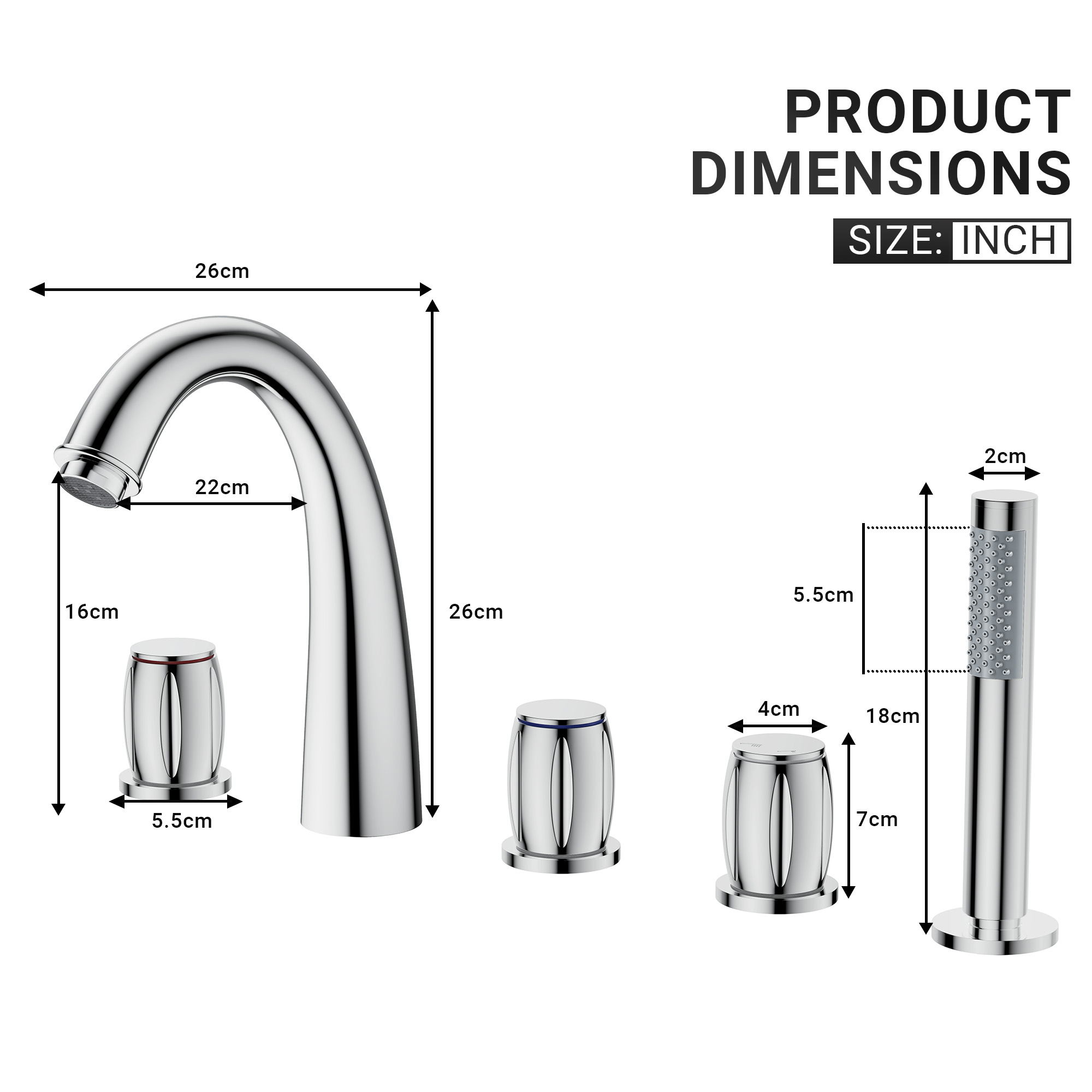 3-Handle Deck-Mounted Waterfall Roman Tub Faucet with Hand Shower