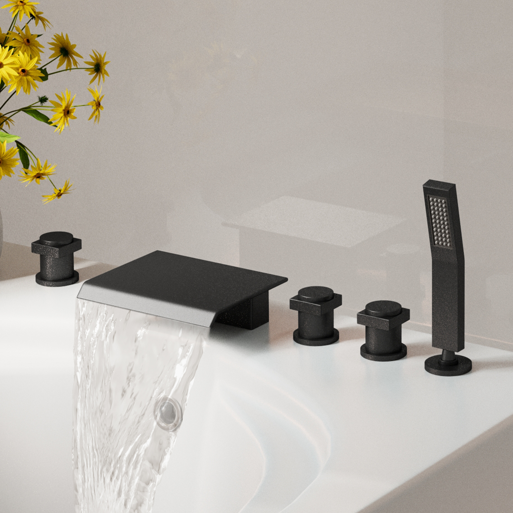 3-Handle 5 Holes Deck-Mounted Bathtub Faucet with Handheld Shower