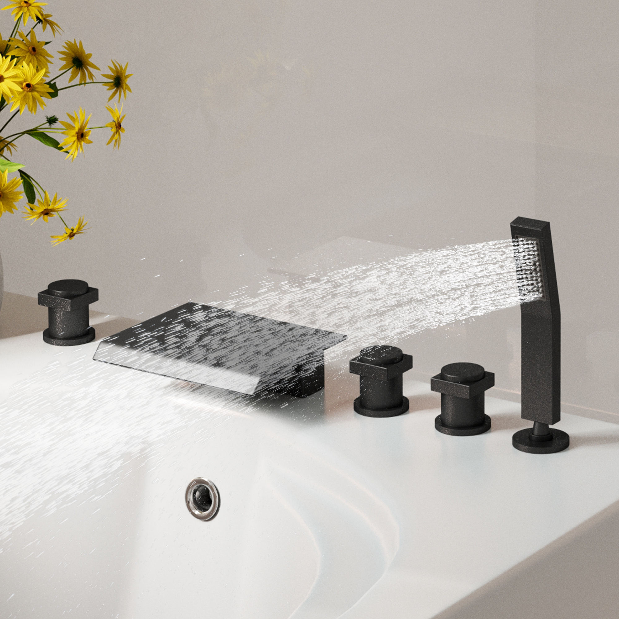 3-Handle 5 Holes Deck-Mounted Bathtub Faucet with Handheld Shower