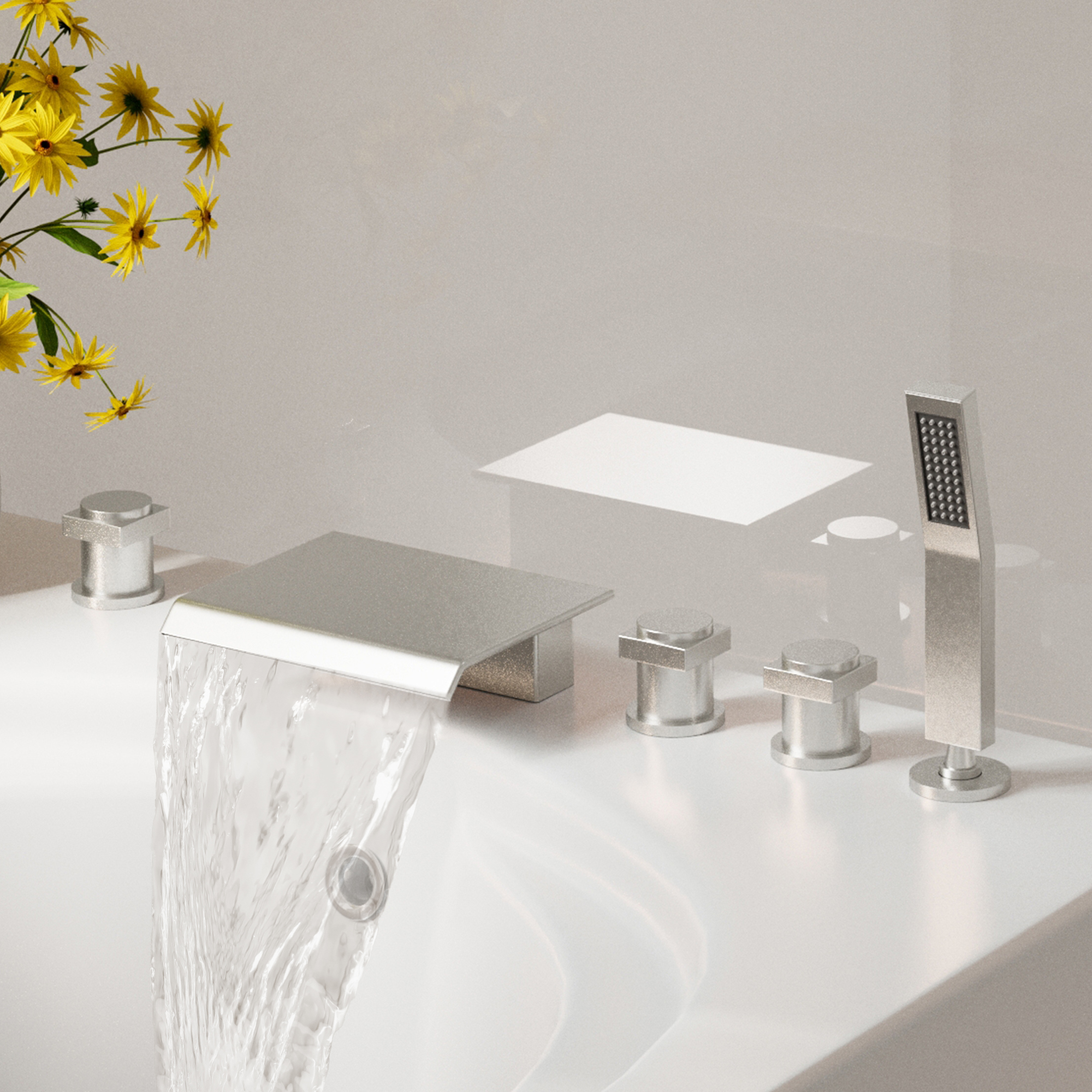 3-Handle 5 Holes Deck-Mounted Bathtub Faucet with Handheld Shower