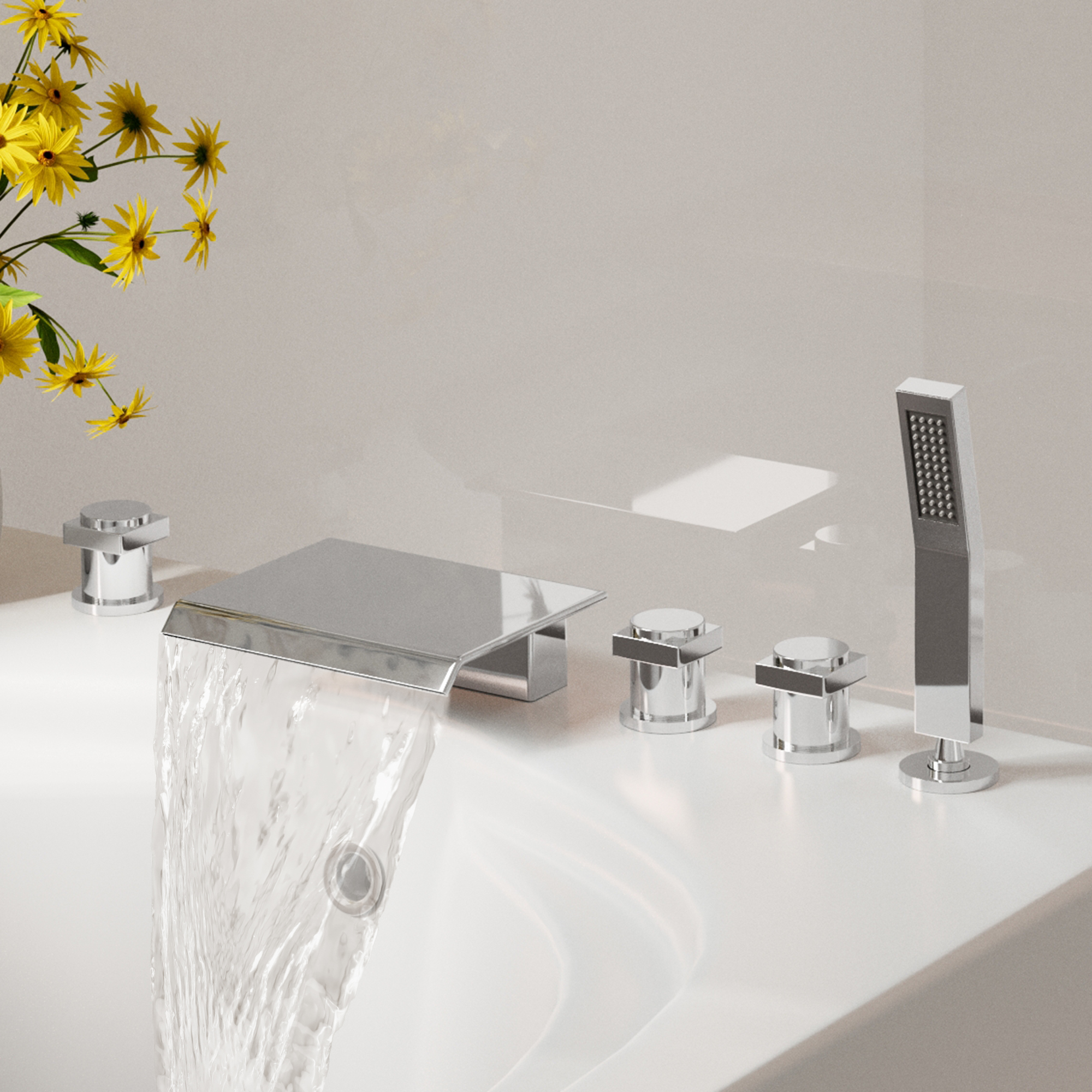 3-Handle 5 Holes Deck-Mounted Bathtub Faucet with Handheld Shower