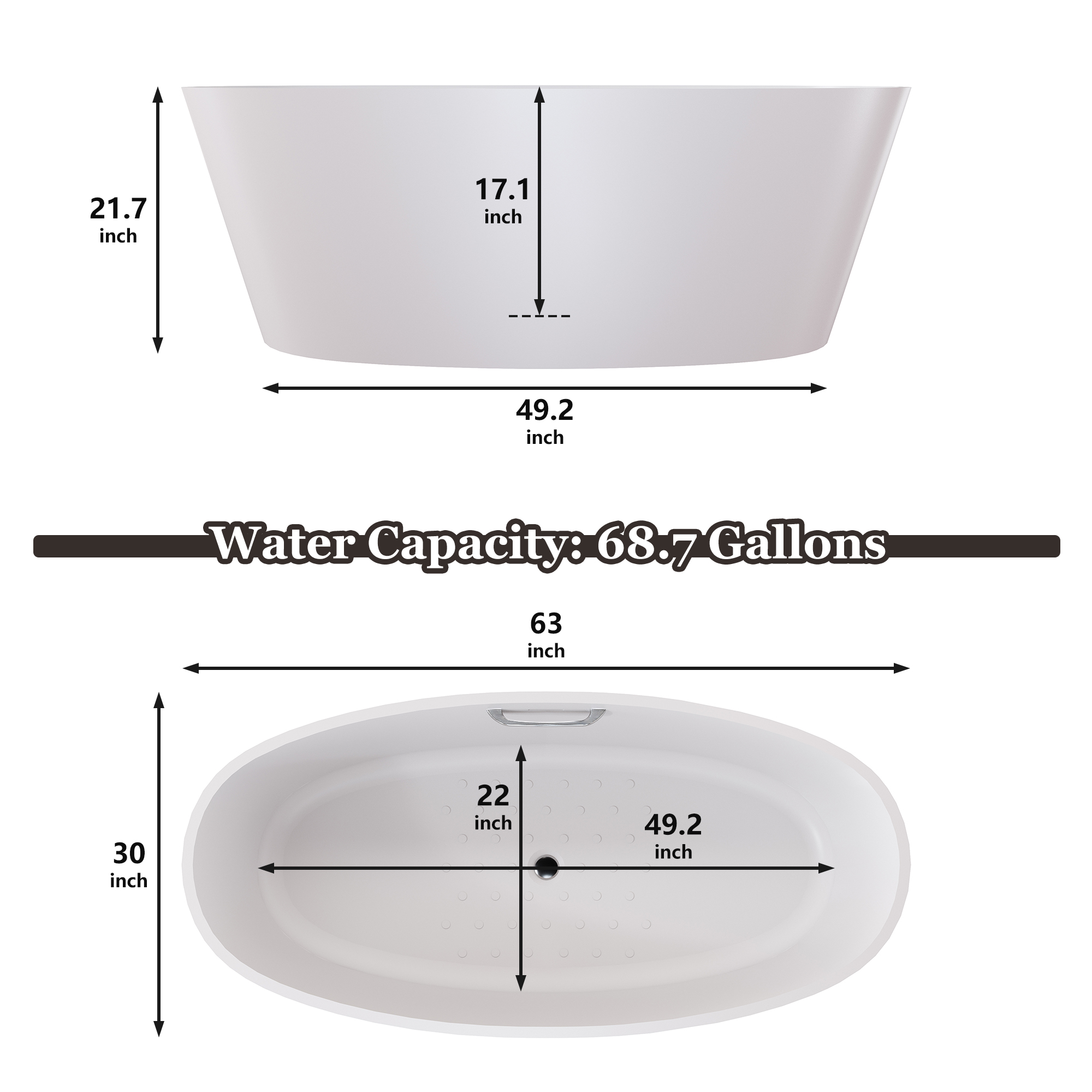 63" Matte White Solid Surface Freestanding Soaking Bathtub with One-Side Armrest