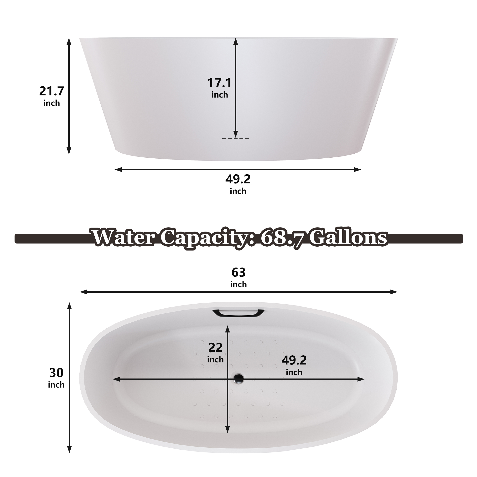 63" Matte White Solid Surface Freestanding Soaking Bathtub with One-Side Armrest