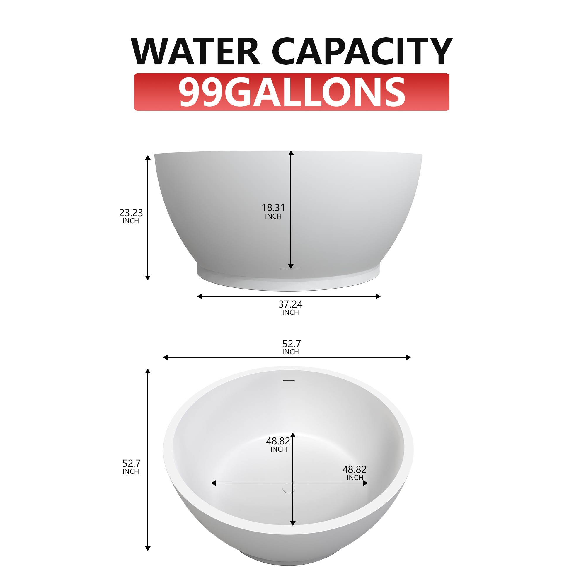 53" Freestanding Solid Surface Soaking Bathtub with 4" Wide Rim