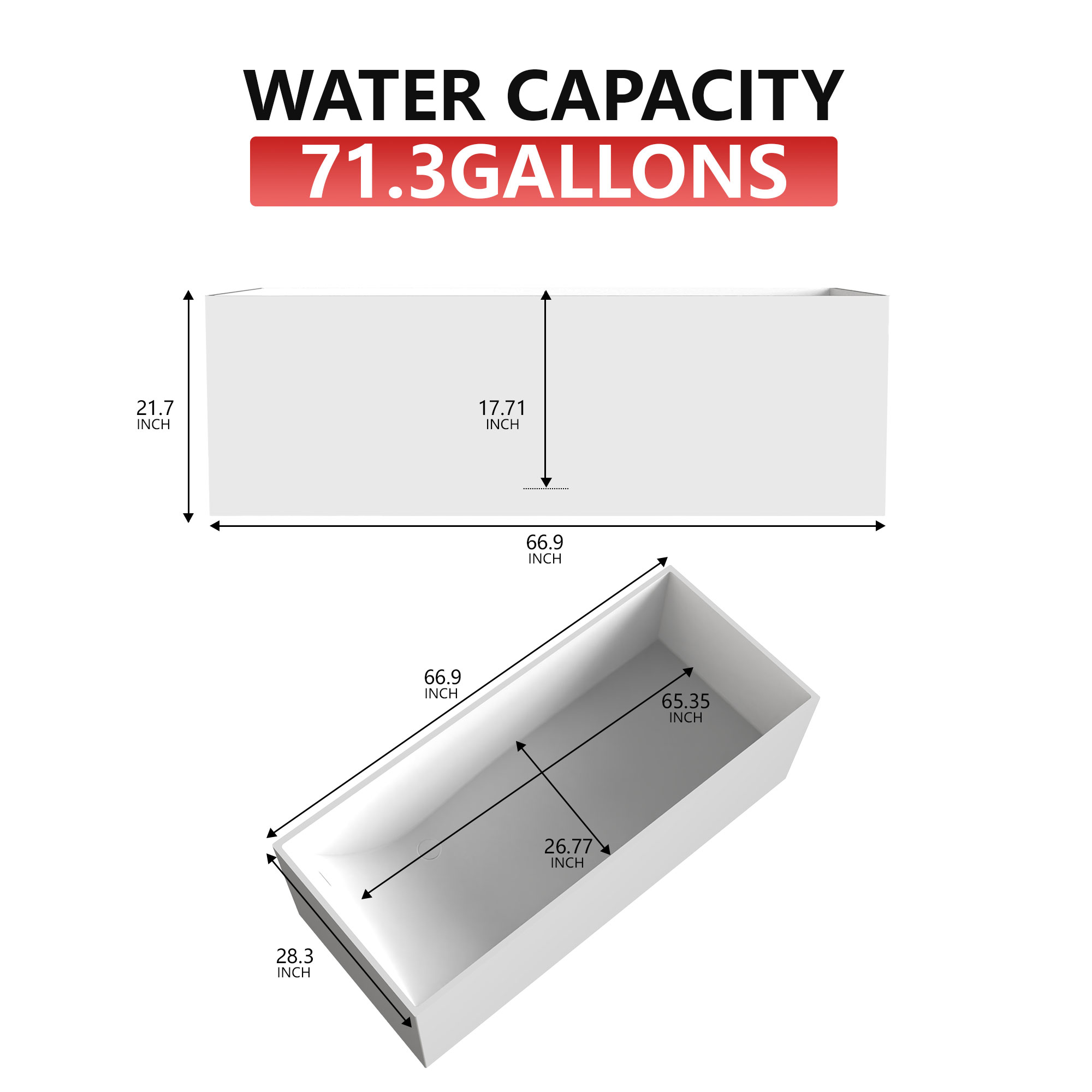 67" Freestanding Solid Surface Bathtub with Slide-Like Curved Interior