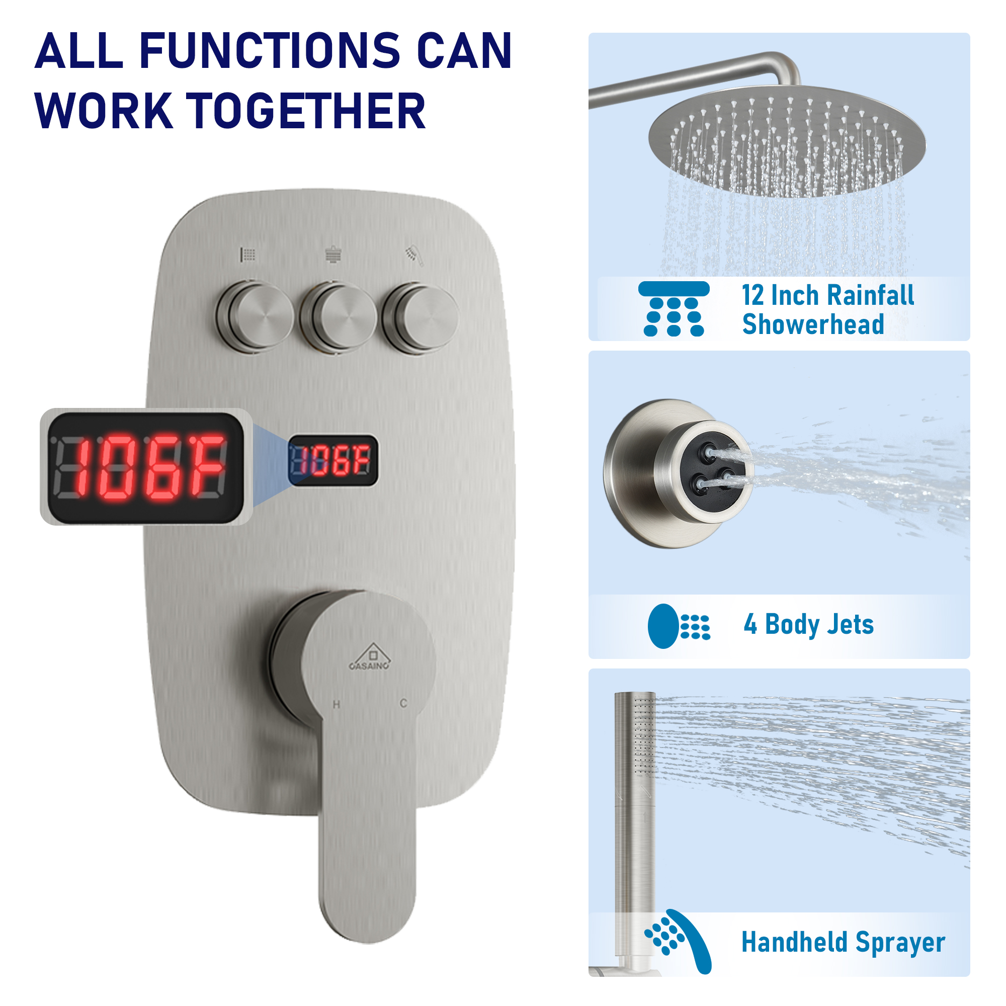 12" Wall-Mounted Body Jet Shower System with Slide Bar & Digital Display